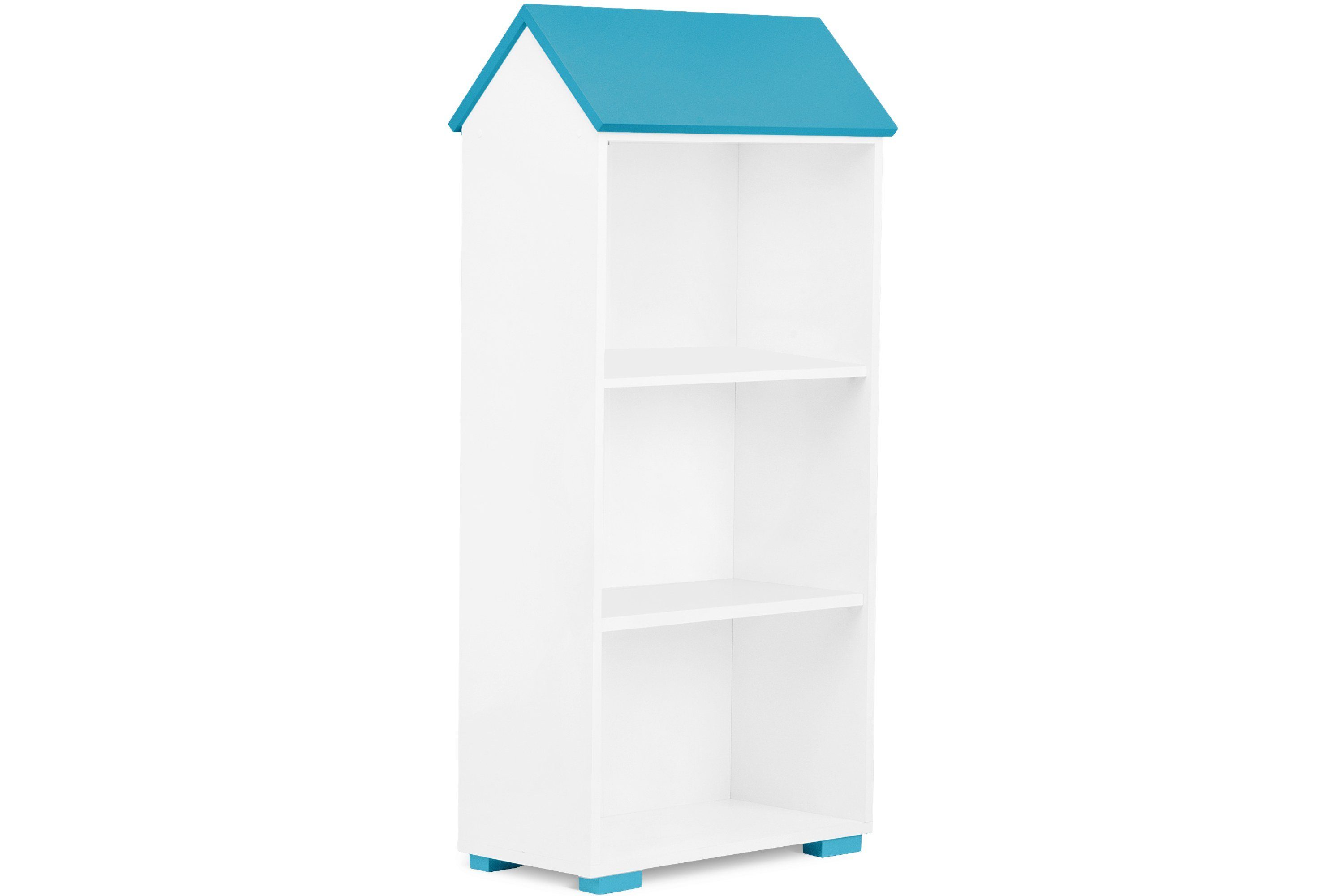 Konsimo Kinderregal PABIS Kinder Bücherregal Hausform, in Pastellfarben, geräumiges Bücherregal für Kinderzimmer weiß/blau