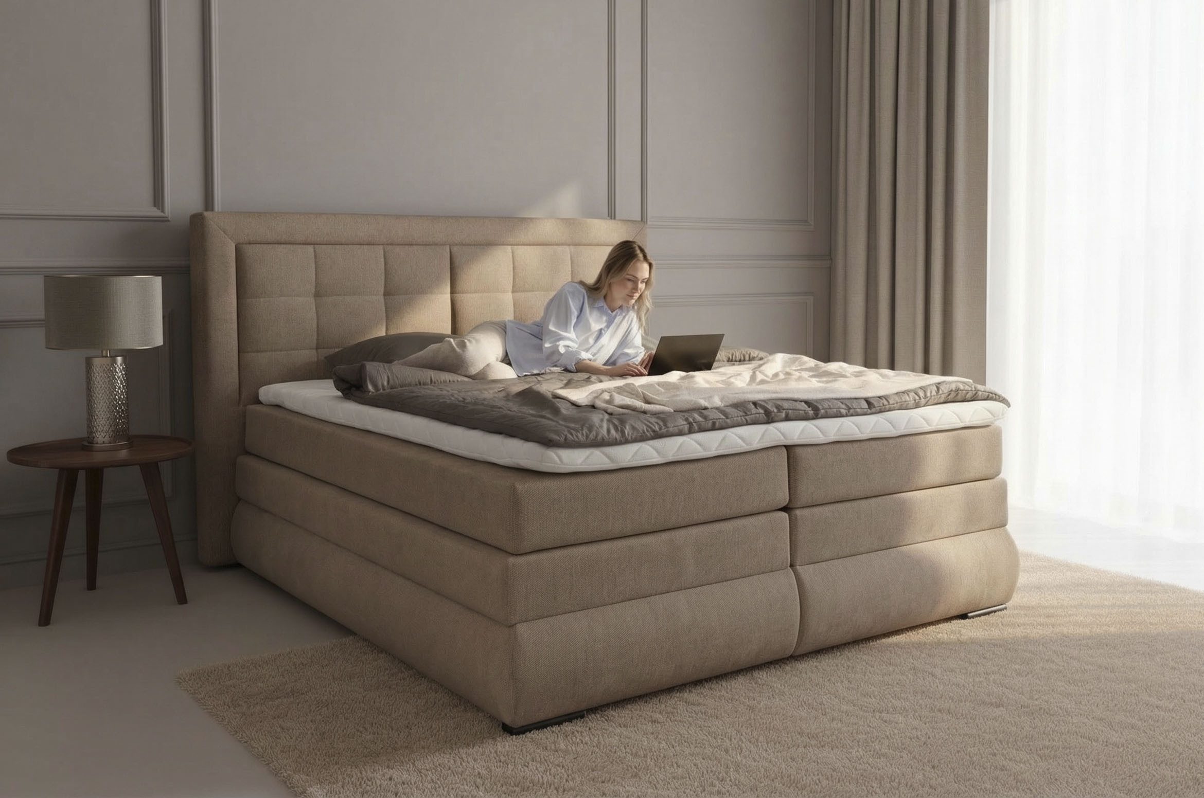 OTTO home Boxspringbett MIVVA mit Bettkasten, mit Taschenfederkernmatratze H3, H3/H4 mix, H4 (mit hochwertigem Strukturstoff, wahlweise mit LED-Leuchten), mit K – Bild 3 von 5