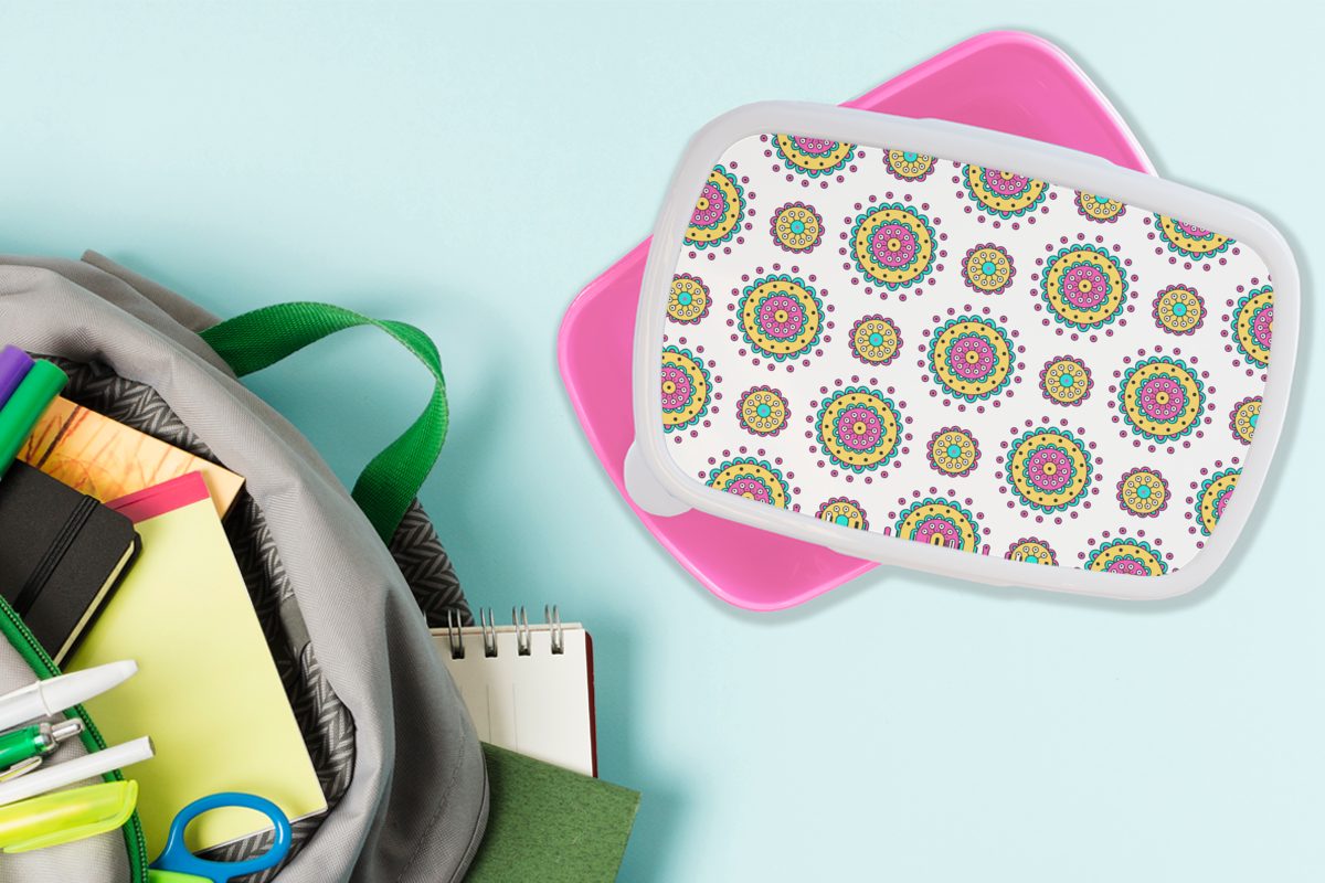 Blumen Muster Mädchen - - - Mädchen, MuchoWow Erwachsene, Mädchen Kinder Brotdose - rosa Mandala Lunchbox - - für Kinder, Kinder, Kunststoff (2-tlg), Kunststoff, Snackbox, Brotbox
