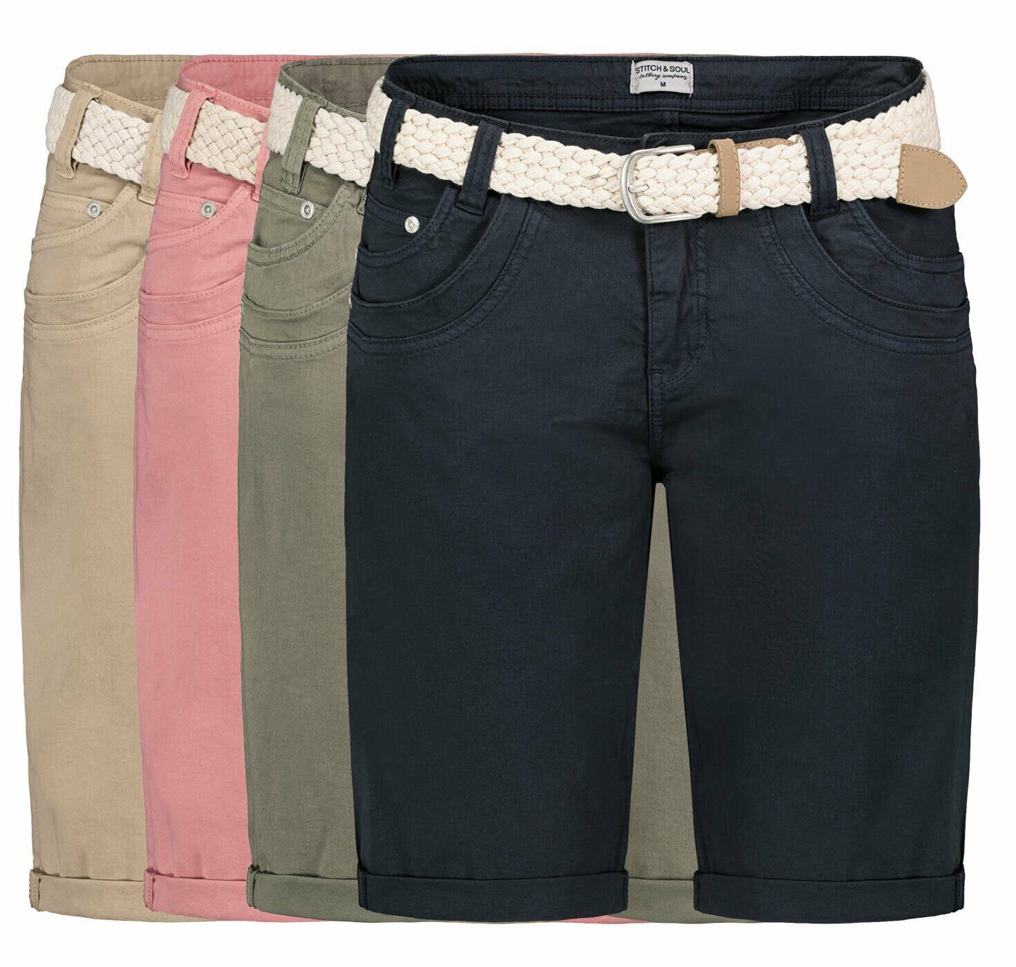 Stitch & Soul Bermudas Damen Short Bermuda kurze Hose Sommer Chino Stoff Hose mit Gürtel – Bild 5 von 5