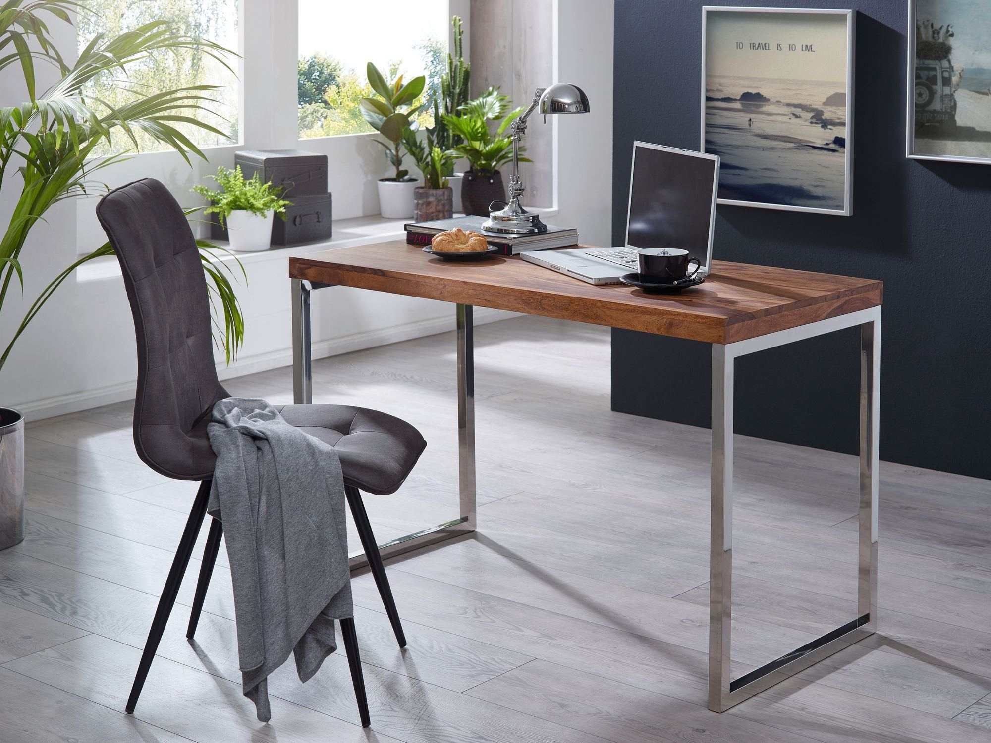 120x60 Modern), cm (Sheesham Office, PC-Tisch Schreibtisch Bürotisch / Home Massivholz Konsolentisch Wohnling Metall WL1.787