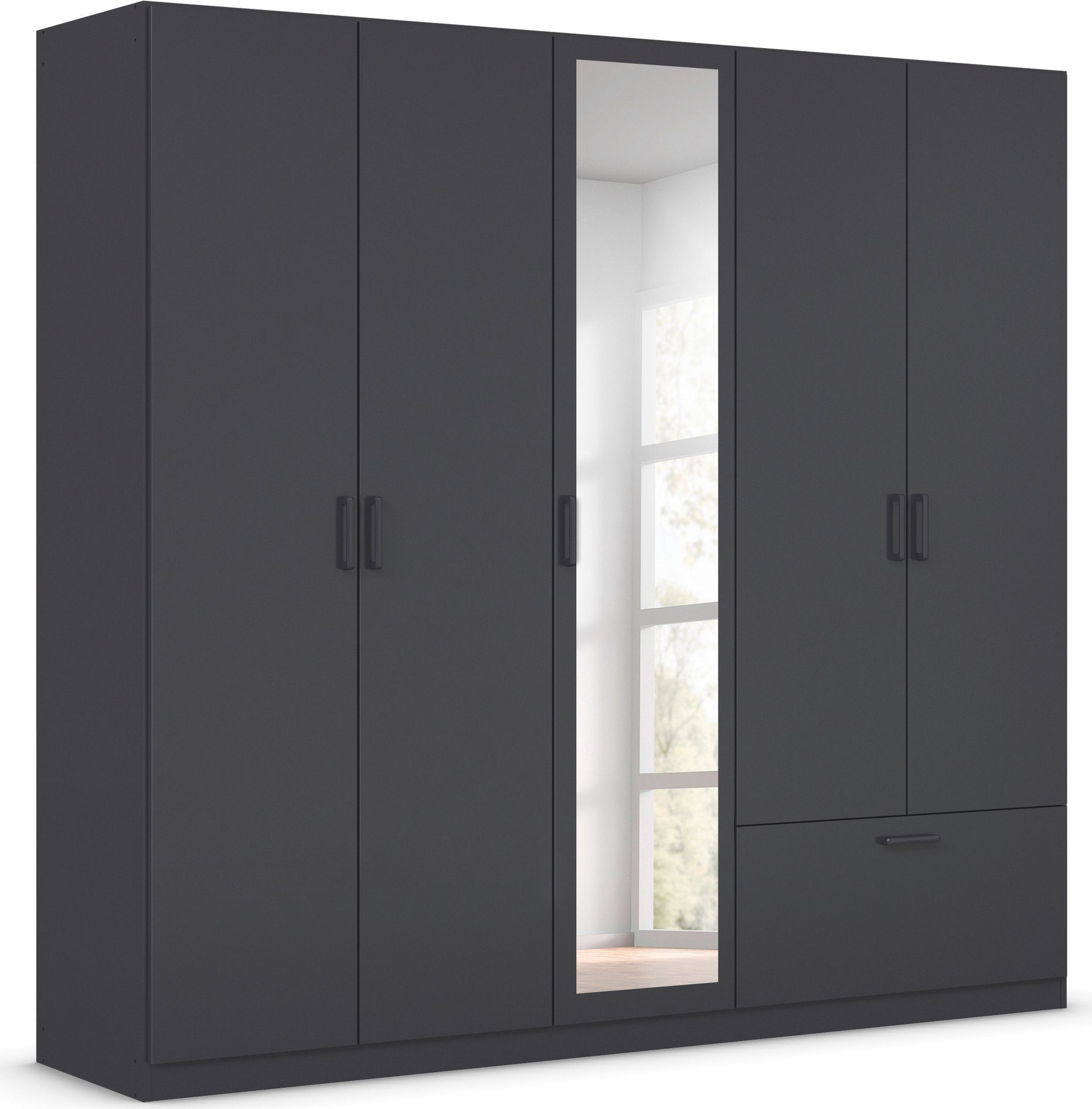 rauch Drehtürenschrank Kleiderschrank Schrank Garderobe Wäscheschrank BARI mit Spiegel mit Schubasten außen, moderner Griff in Graumetallic MADE IN GERMANY