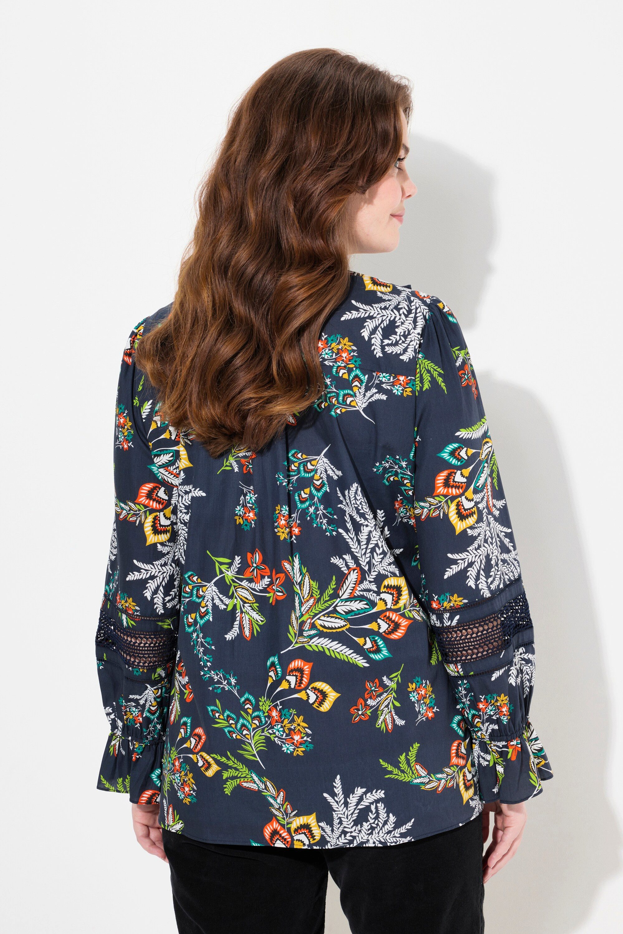 Ulla Popken Longbluse Bluse Spitze Rüschen V-Ausschnitt Langarm
