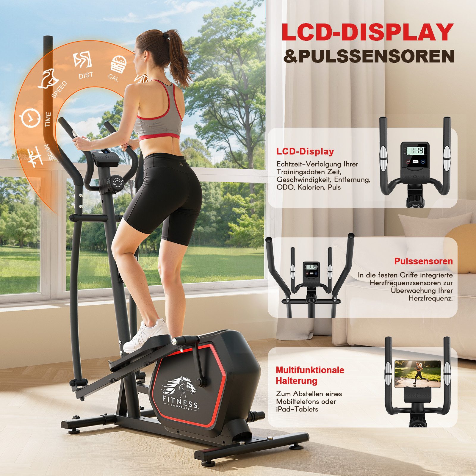 Dskeuzeew Crosstrainer – Ellipsentrainer bis 150 kg – 10 kg Schwungrad (Pulssensoren, Ganzkörpertraining, Ergonomisch), – 16 Stufen magnetischer Widerstand – LCD-Display – Schwarz