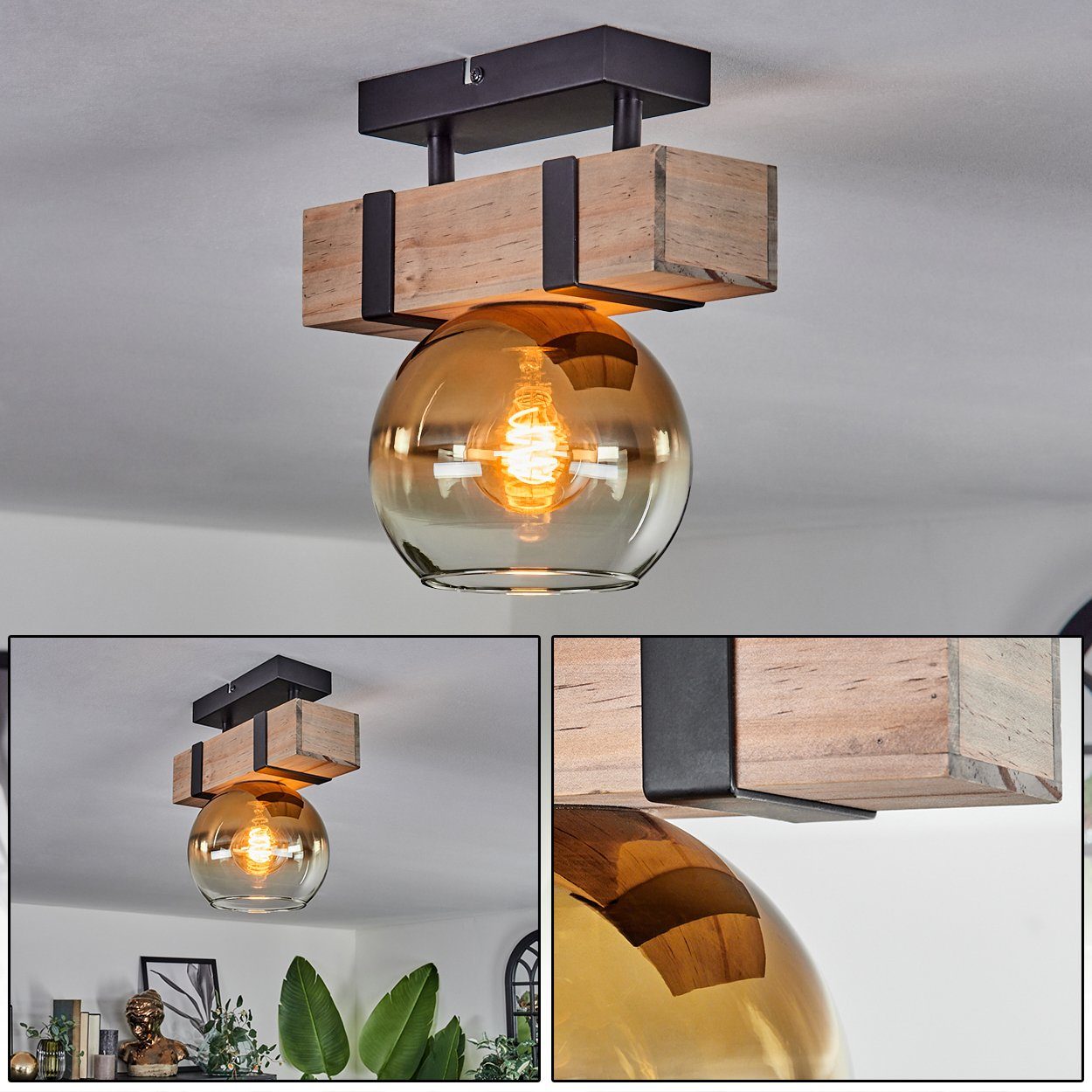 hofstein Deckenleuchte Deckenlampe aus Metall/Holz /Glas in Schwarz/Natur/G günstig online kaufen