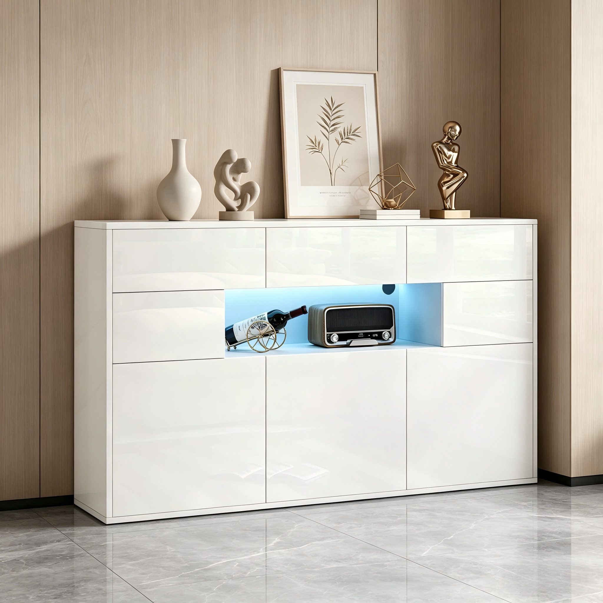 STILVORA Sideboard mit Schubladen,Kommode Aufwahrungsschrank Hochglanz mit LED-Licht (Kommode, Buffetschrank, Wohnzimmermöbel, 1 St., 3 Schubladen und 5 Schränken), Schrank mit 5 Metallbeinen