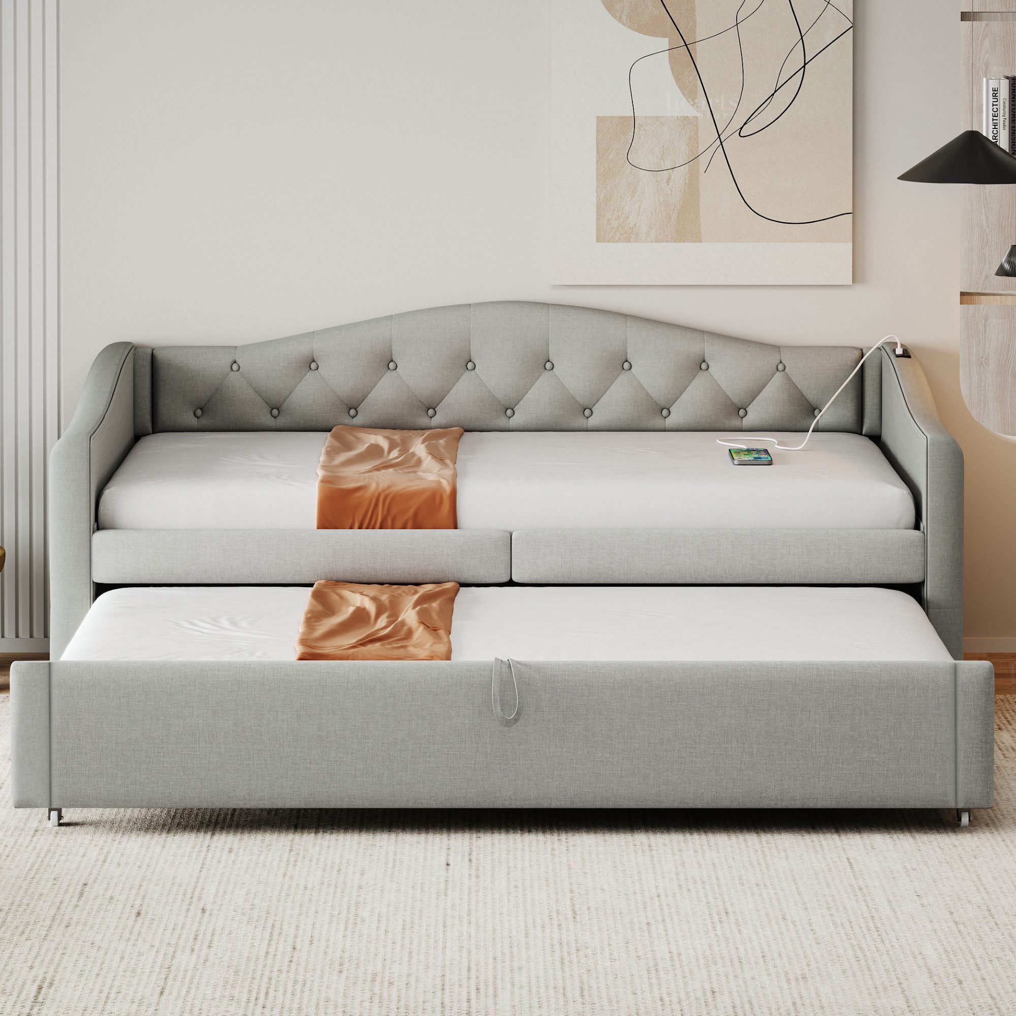 MODFU Polsterbett multifunktionales Sofa Bett (Schlafsofa, mit USB-Ladeanschluss, 90x200 cm), ohne Matratze
