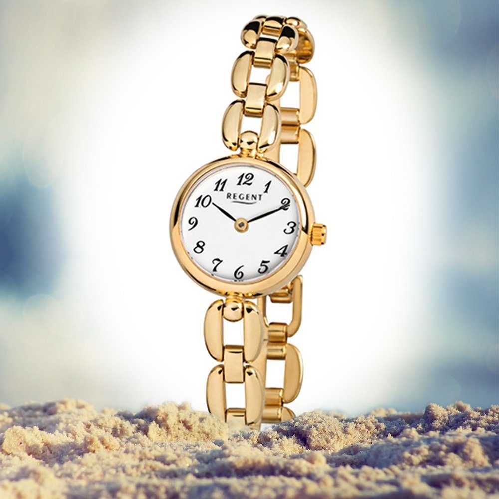 Armbanduhr (ca. Damen-Armbanduhr gold Analog ionenplattiert rund, Damen F-801, Regent klein Regent Quarzuhr 20mm), Edelstahl,