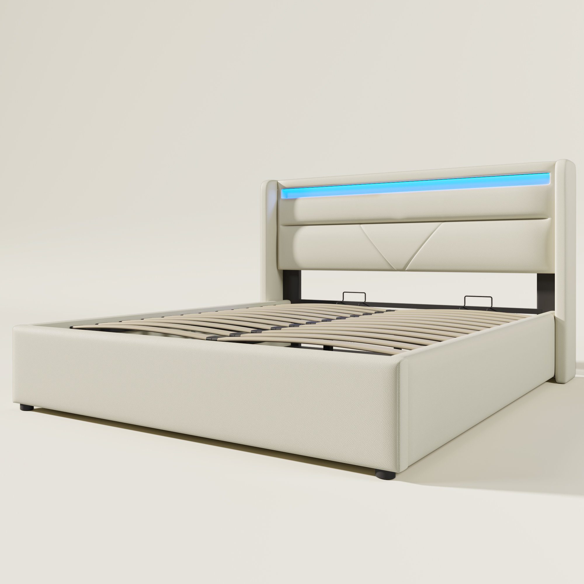 Hydraulisch Mit Polsterbett Fernbedienung Gotagee LED+Stauraum Weiß/Grau, Polsterbett mit Doppelbett