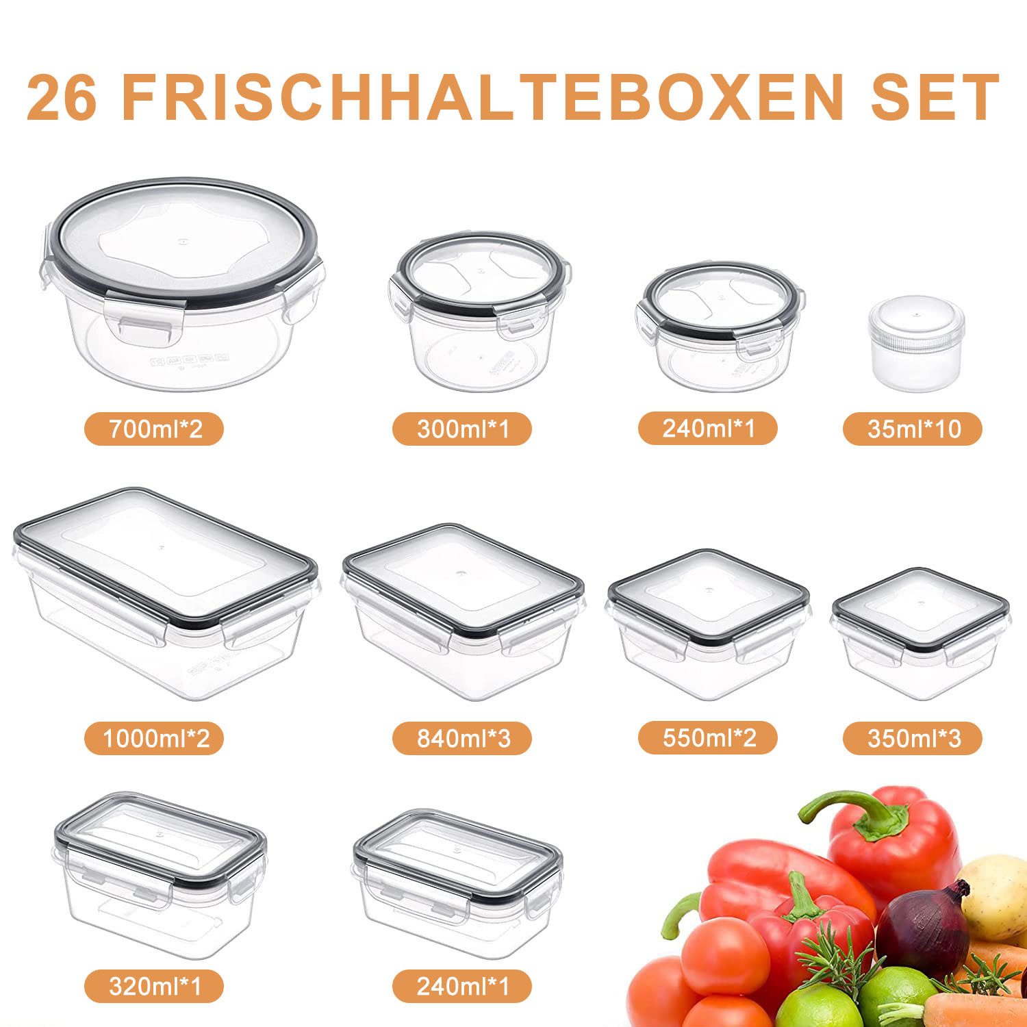 HEYHIPPO Frischhaltedose 26-tlg. Frischhaltedosen Set mit Deckel, stapelbar, auslaufsicher, (26-teiliges Set, BPA-frei Vorratsdosen Set mit Klickdeckel,für Meal Prep & Aufbewahrung), Lebensmittel Vorratsdosen, luftdicht, Kunststoffboxen für Küche