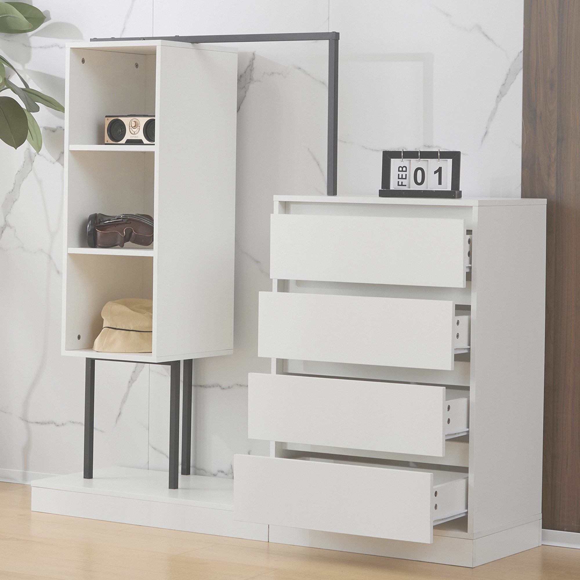 OKWISH Garderoben-Set Kleiderschrank,Sideboard, (Rosa Kleiderschrank-Set mit Schubladen & Kleiderstange – Flexibler Stauraum, stabiler Metallrahmen., 1-St., B140/W40/H135)