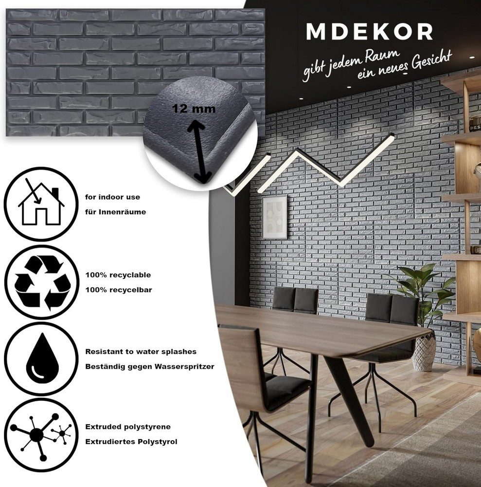 MDEKOR 3D Wandpaneel MDEKOR XPS Dekorative für Innenräume, (60-tlg) 30 m², Ziegeloptik 50x100 cm Brick Anthracite, Paneele 12 mm dick