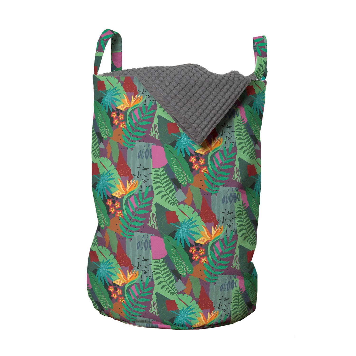 Abakuhaus Wäschesäckchen Wäschekorb mit Griffen Kordelzugverschluss für Waschsalons, Blätter Tropischen Dschungel Zusammensetzung