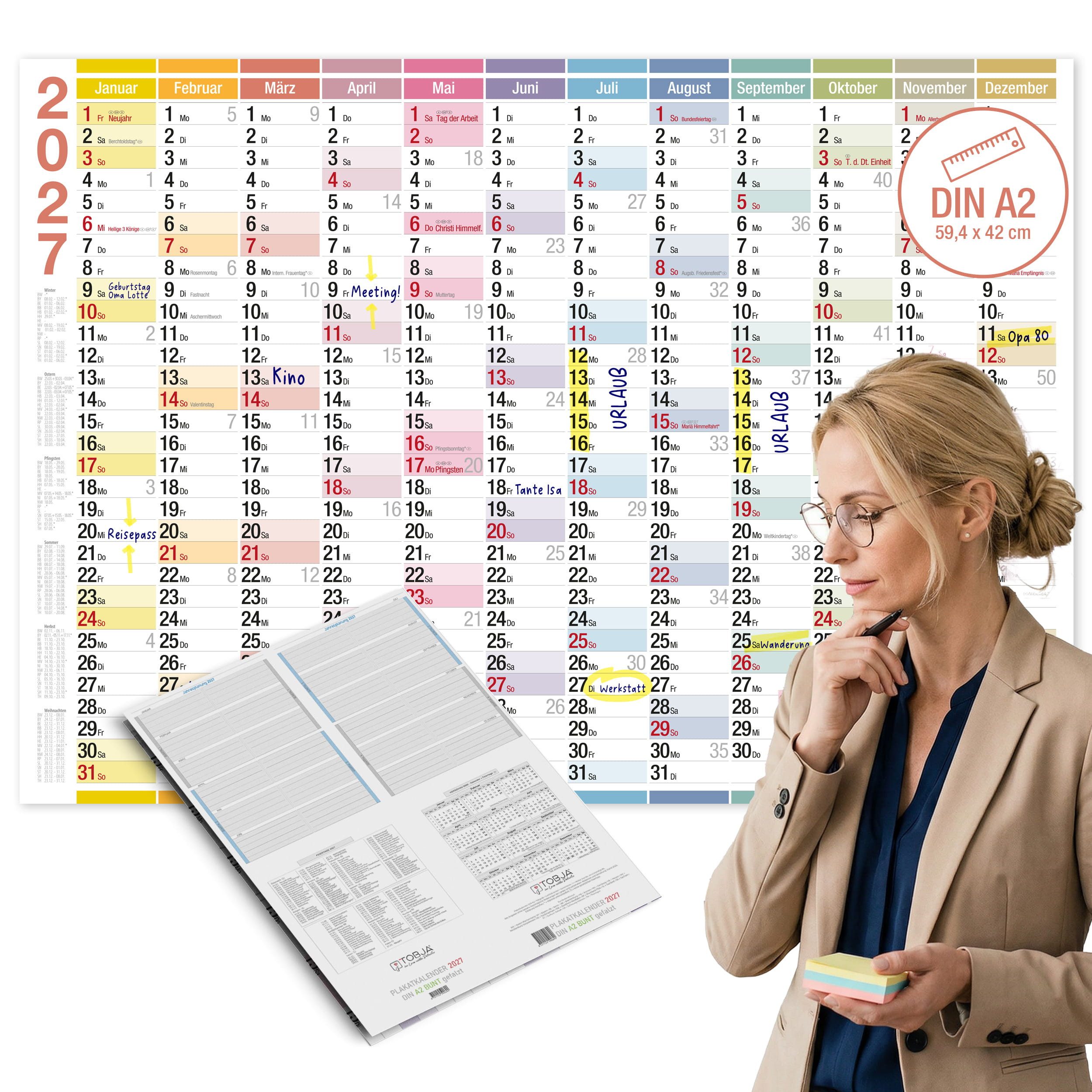 TOBJA Wandkalender Wandkalender 2027 A2 Color Line – Jahresplaner Querformat, Farblinien-Design, Schulferien DE, KW, Rückseite Planung