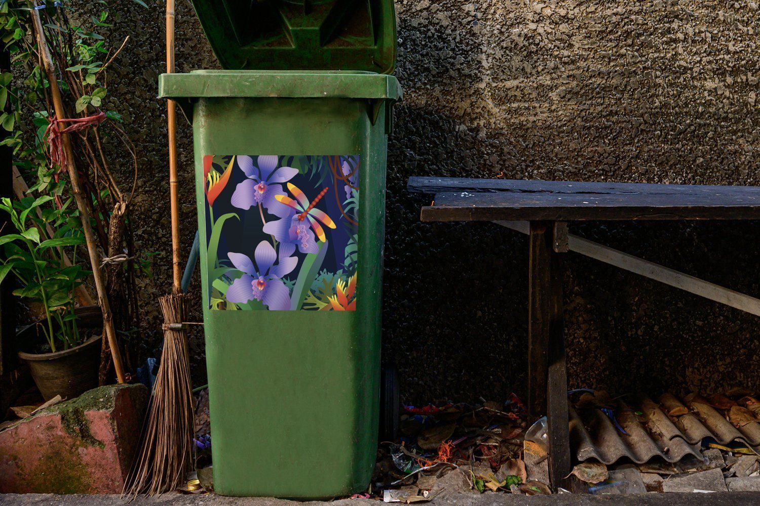 Mülltonne, St), Abfalbehälter Regenwaldes Container, (1 Sticker, Orchidee des Vektor-Illustration lila einer mit MuchoWow Eine Mülleimer-aufkleber, Wandsticker