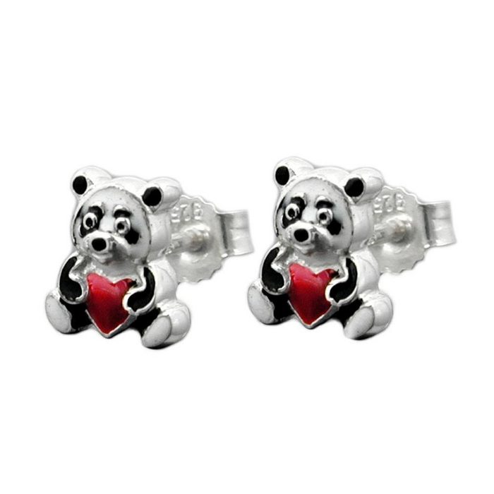 unbespielt Paar Ohrstecker Kinderohrringe Stecker 7 x 6 mm Panda Bär farbig lackiert 925 Silber inklusive Schmuckbox Silberschmuck für Kinder GU11617