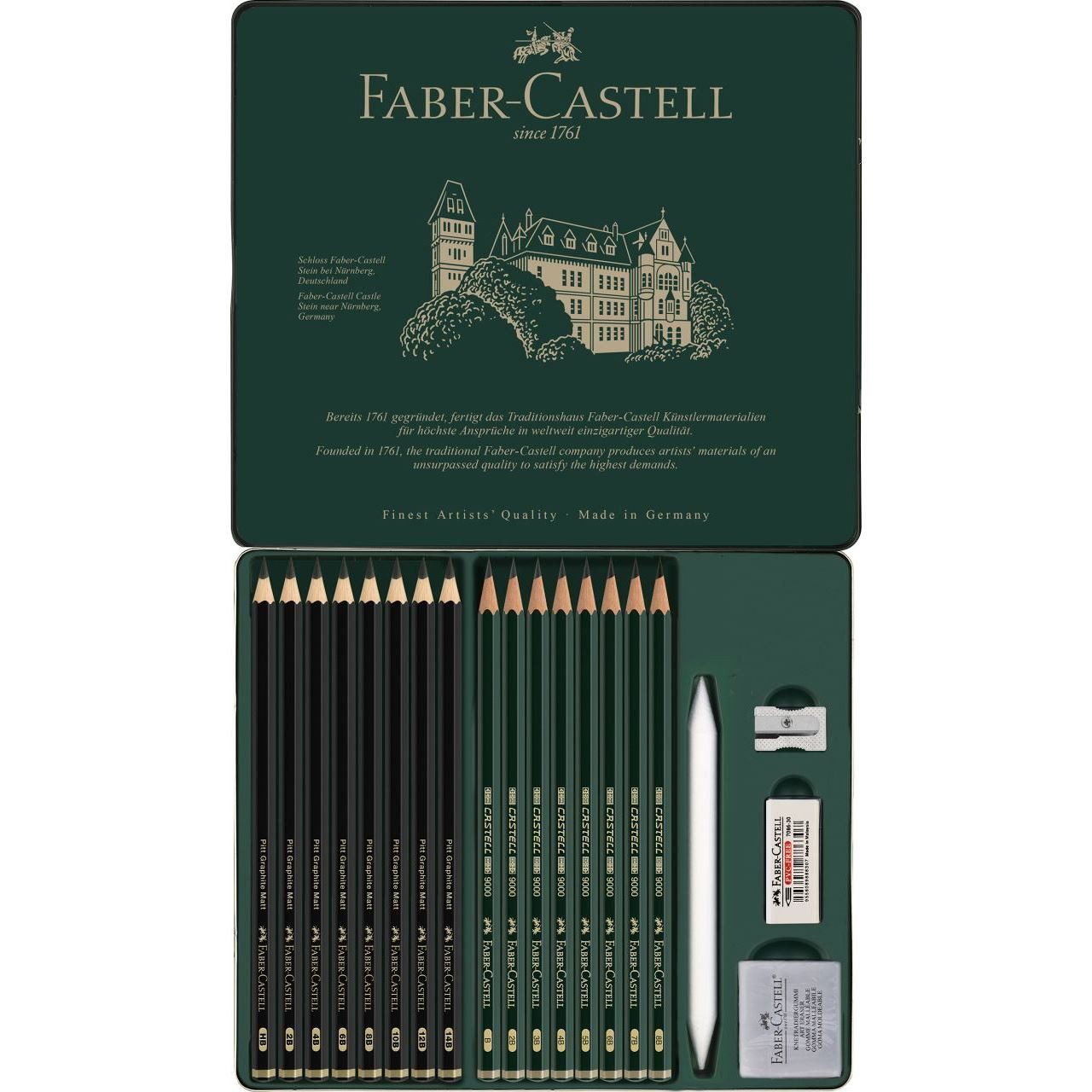 Faber-Castell Zeichenkohle Faber-Castell Set Pitt Graphite - Matt + Castell 9000 - 20er Metallet