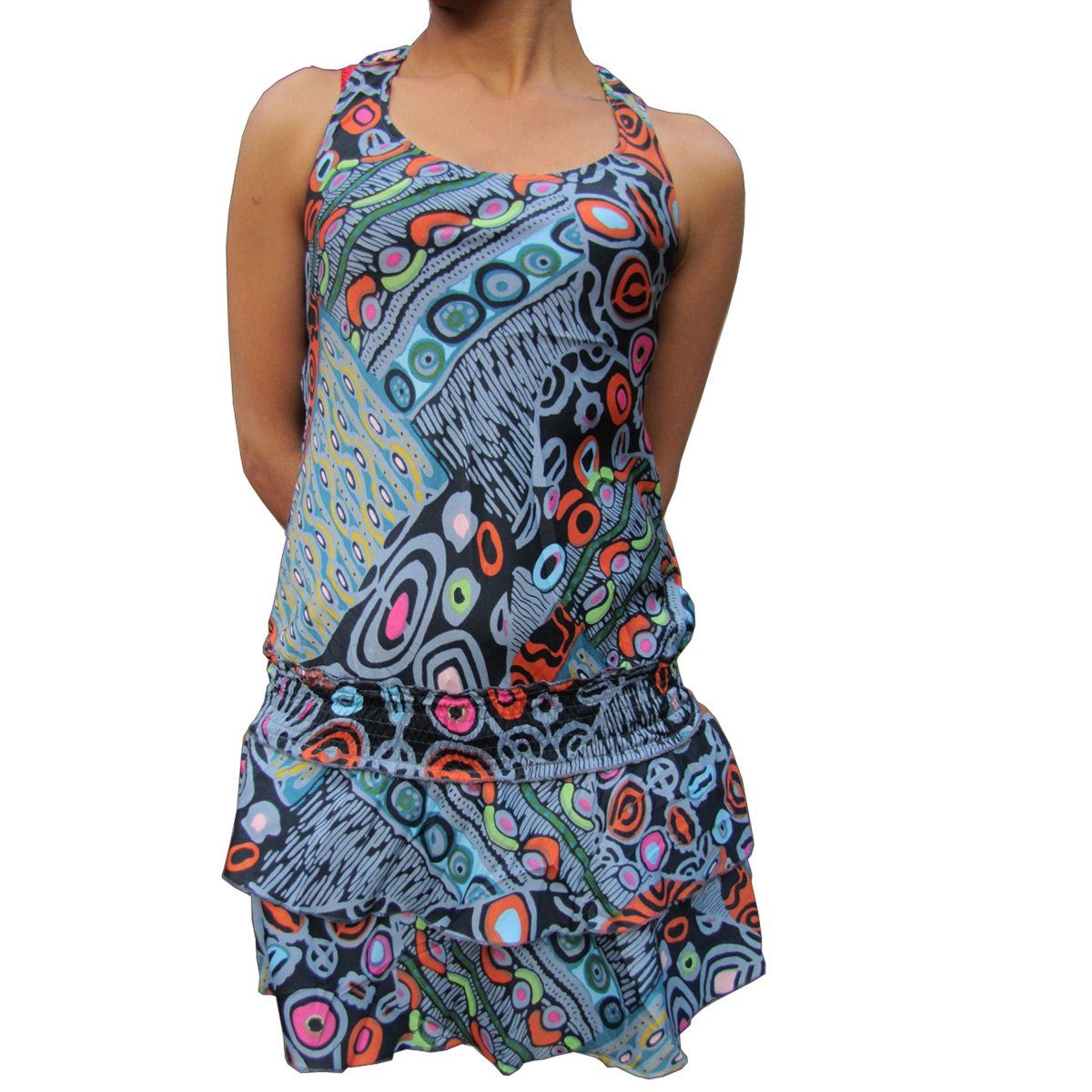 PANASIAM Tunikakleid Sommerkleid in verschiedenen Designs farbenfrohe Tunika aus feiner Viskose auch für Schlagerparty 70er Party oder Festivals ein Hingucker Blauton