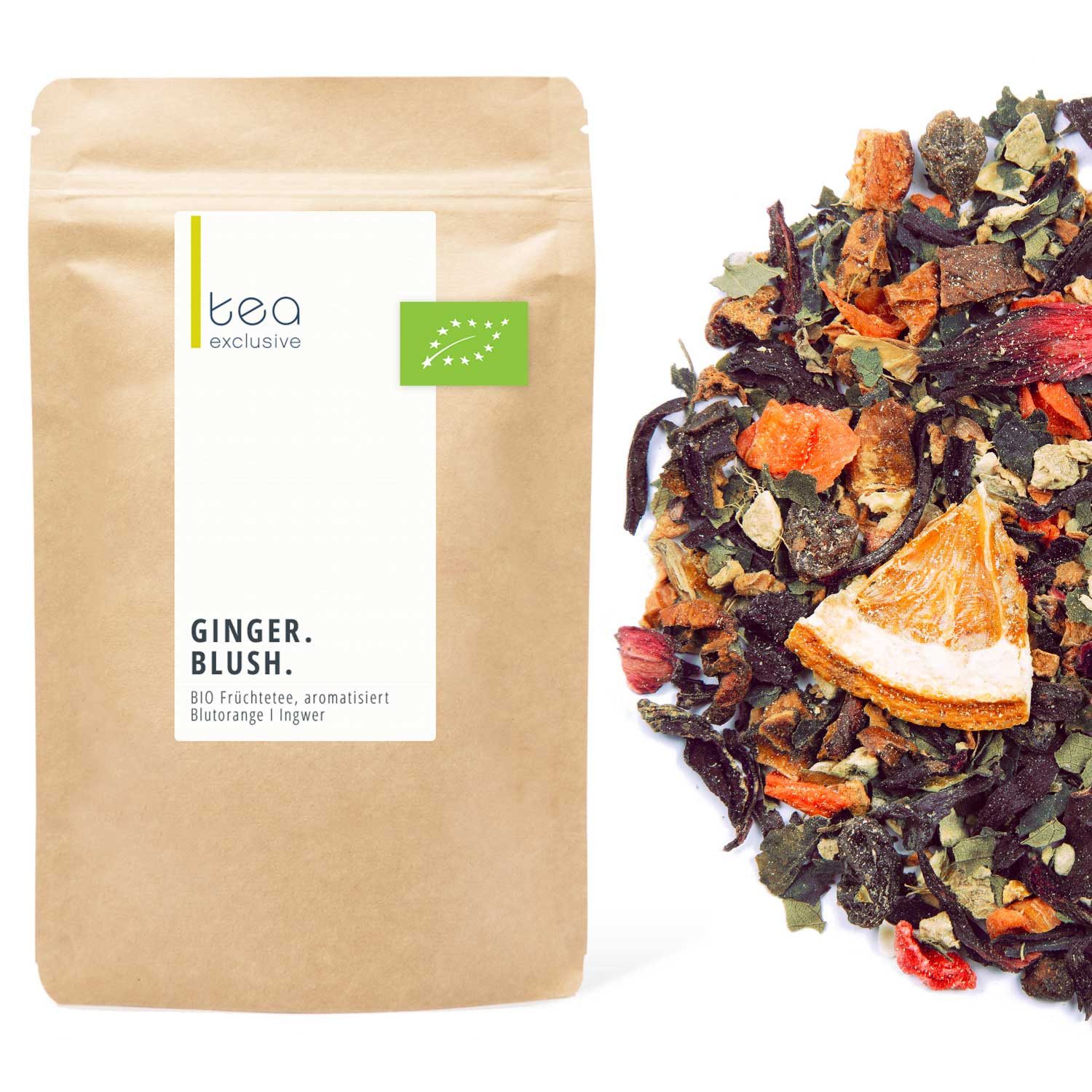 tea exclusive Tee Ginger Blush, Früchtetee BIO, 125g, Wärmender Wintertee, fruchtig mit angenehmer Schärfe