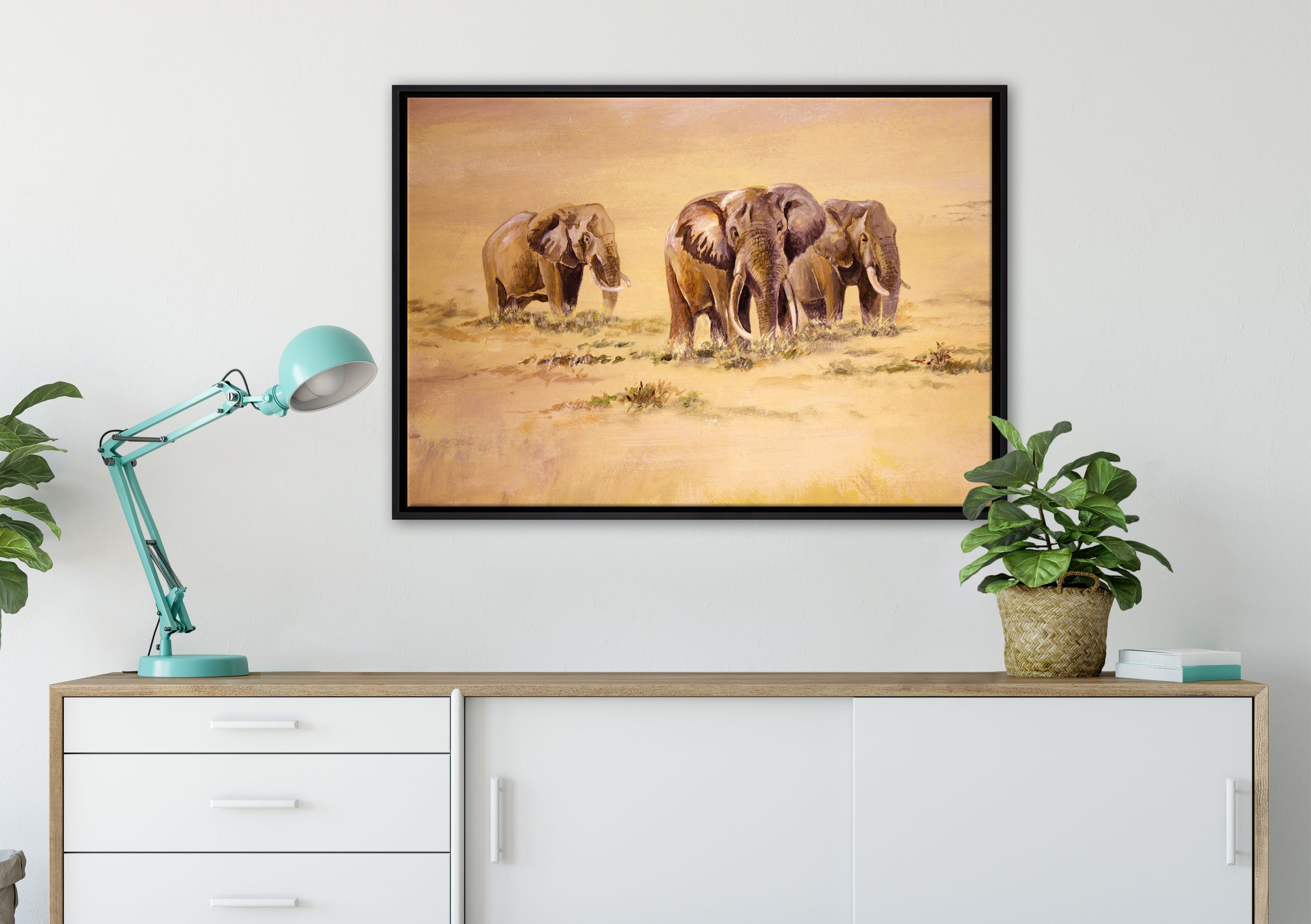 in inkl. Schattenfugen-Bilderrahmen Südafrika, in Zackenaufhänger Wanddekoration gefasst, fertig Leinwandbild einem bespannt, Leinwandbild Pixxprint Elefanten St), (1