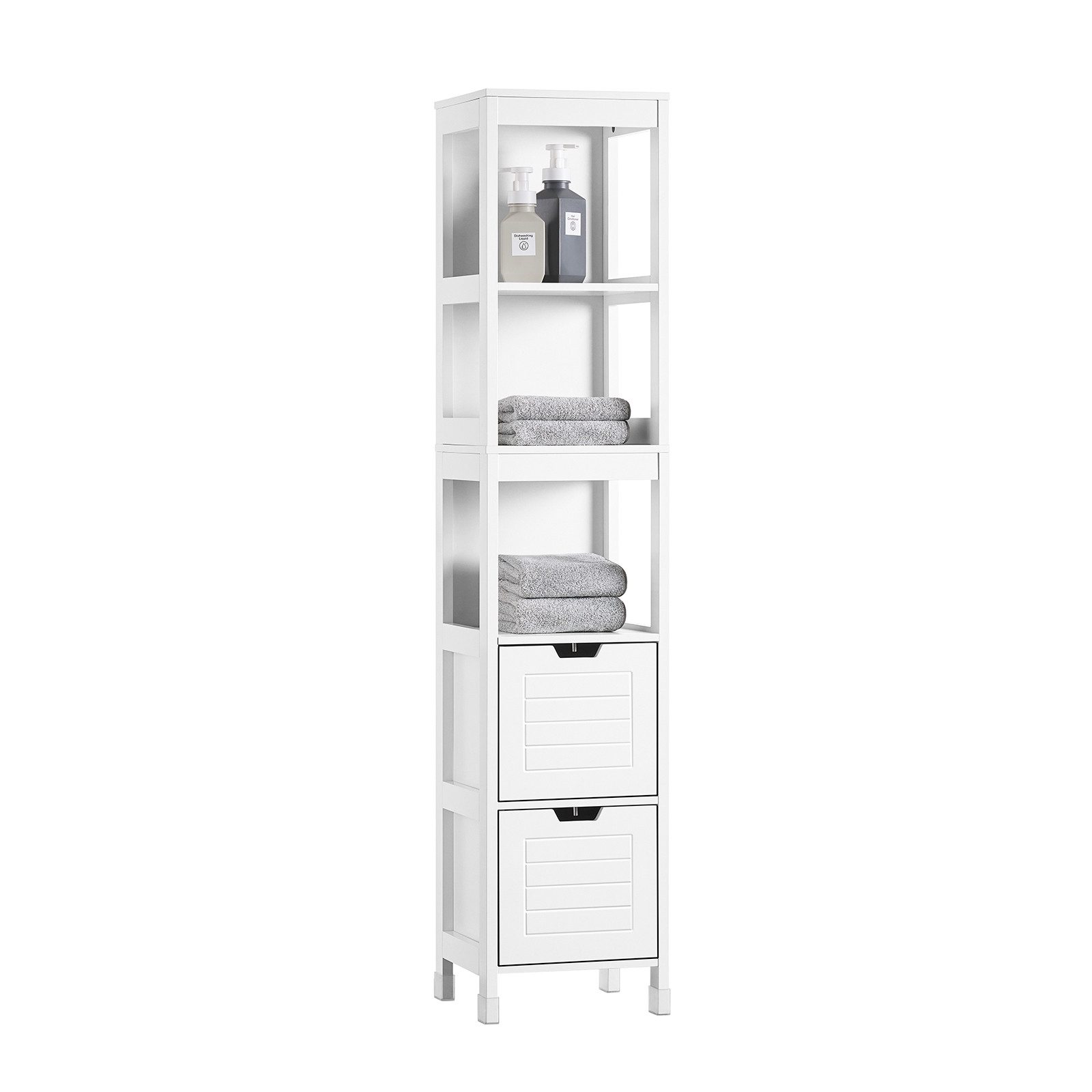 SoBuy Hochschrank FRG126, Badkommode, Schrank freistehend, Badschrank schmal schmale Säule, Badezimmerschrank mit 2 Schubladen, 3 offenen Fächern