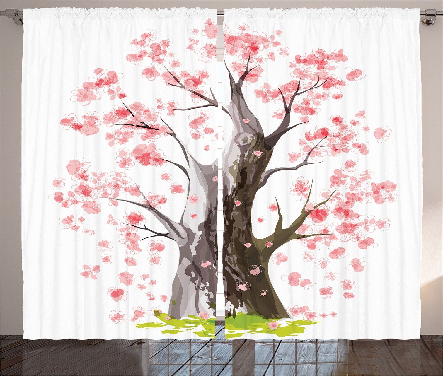 Gardine Schlafzimmer Kräuselband Vorhang mit Schlaufen und Haken, Abakuhaus, Baum Blooming Sakura | Fertiggardinen