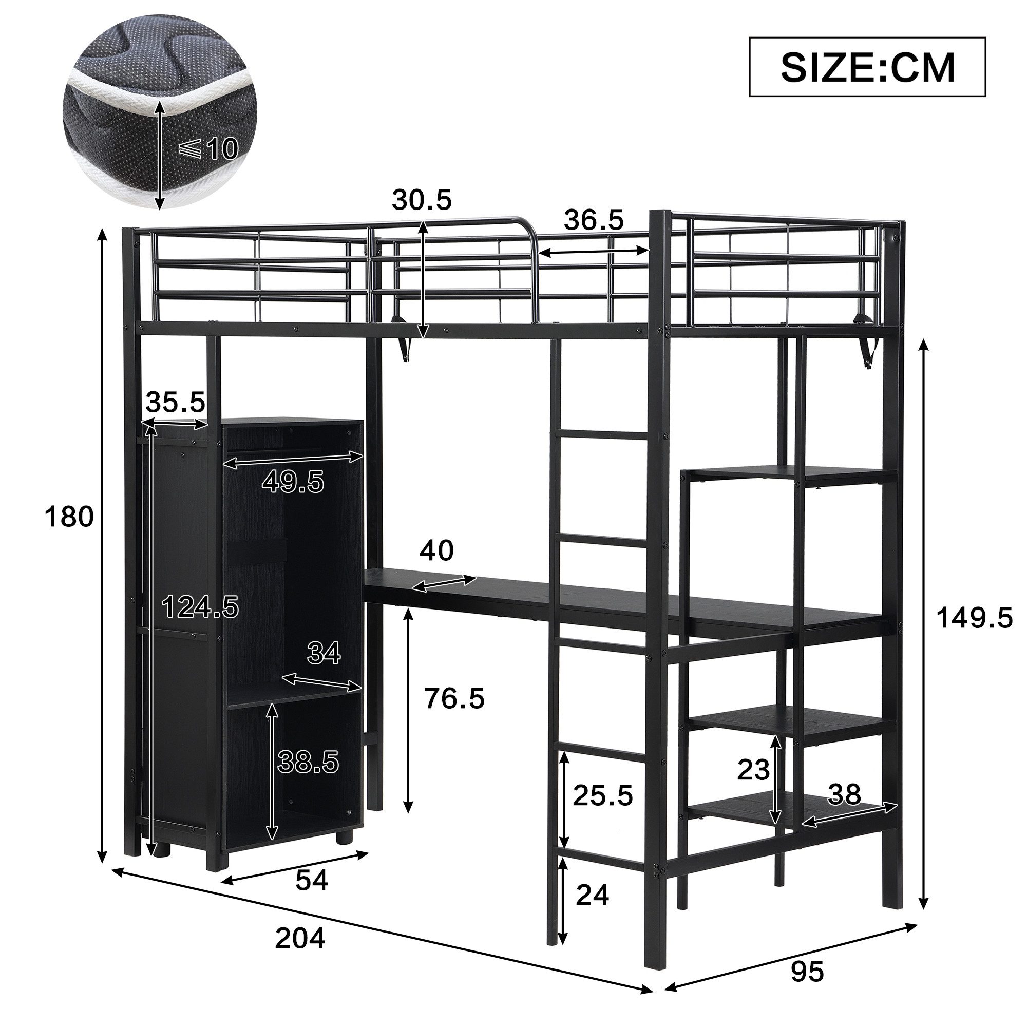 Flieks Hochbett Metallbett Kinderbett 90x200cm mit Tisch, Regal und Kleider günstig online kaufen