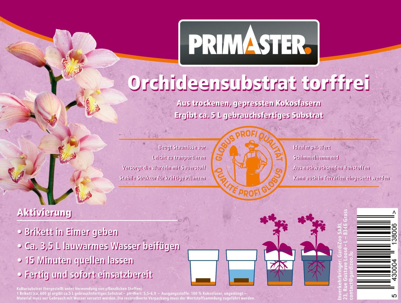Primaster Spezialerde Primaster Orchideensubstrat torffrei Brikett für 5, Torffrei