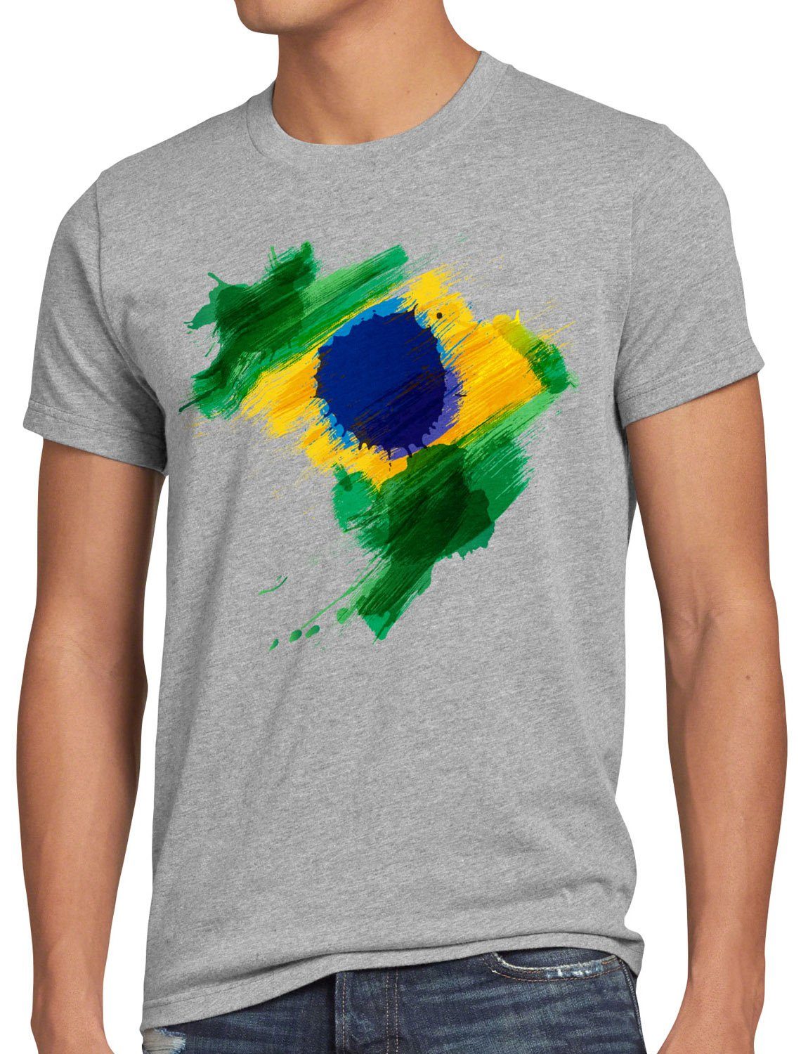T-Shirt Brazil grau meliert Herren Print-Shirt WM Brasilien Sport Fußball style3 EM Fahne Flagge