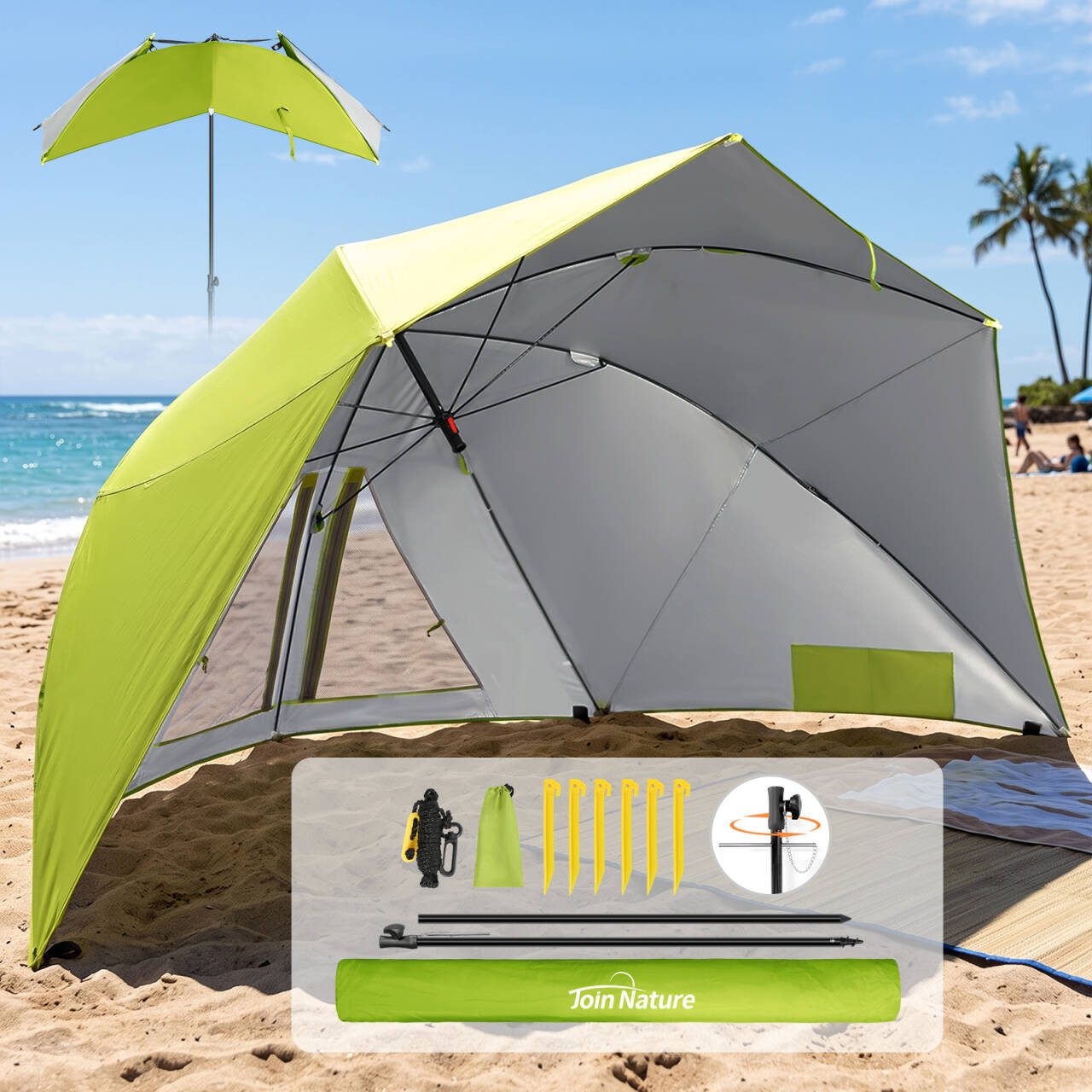 HOMECALL Strandmuschel 2 in 1 Strandschirm Umschaltbar Ø 270cm Sonnenschirm Strand Groß, (mit Fenster - Windschutz Strand, Regendicht, UV50+ Sonnenschutz), Gartenschirm für 2-3 Personen