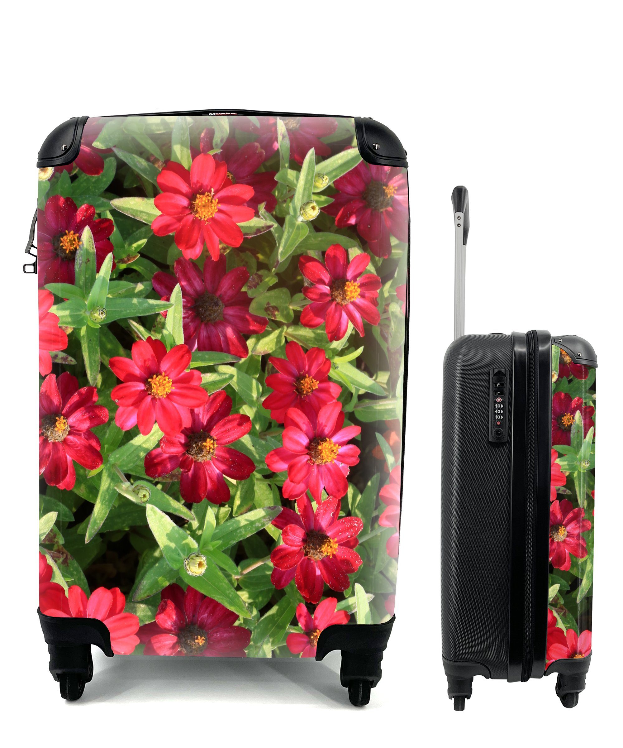 an Tag, einem Rote Trolley, 4 mit Handgepäck für MuchoWow sonnigen Reisekoffer Reisetasche Zinnienblüten Rollen, Ferien, rollen, Handgepäckkoffer