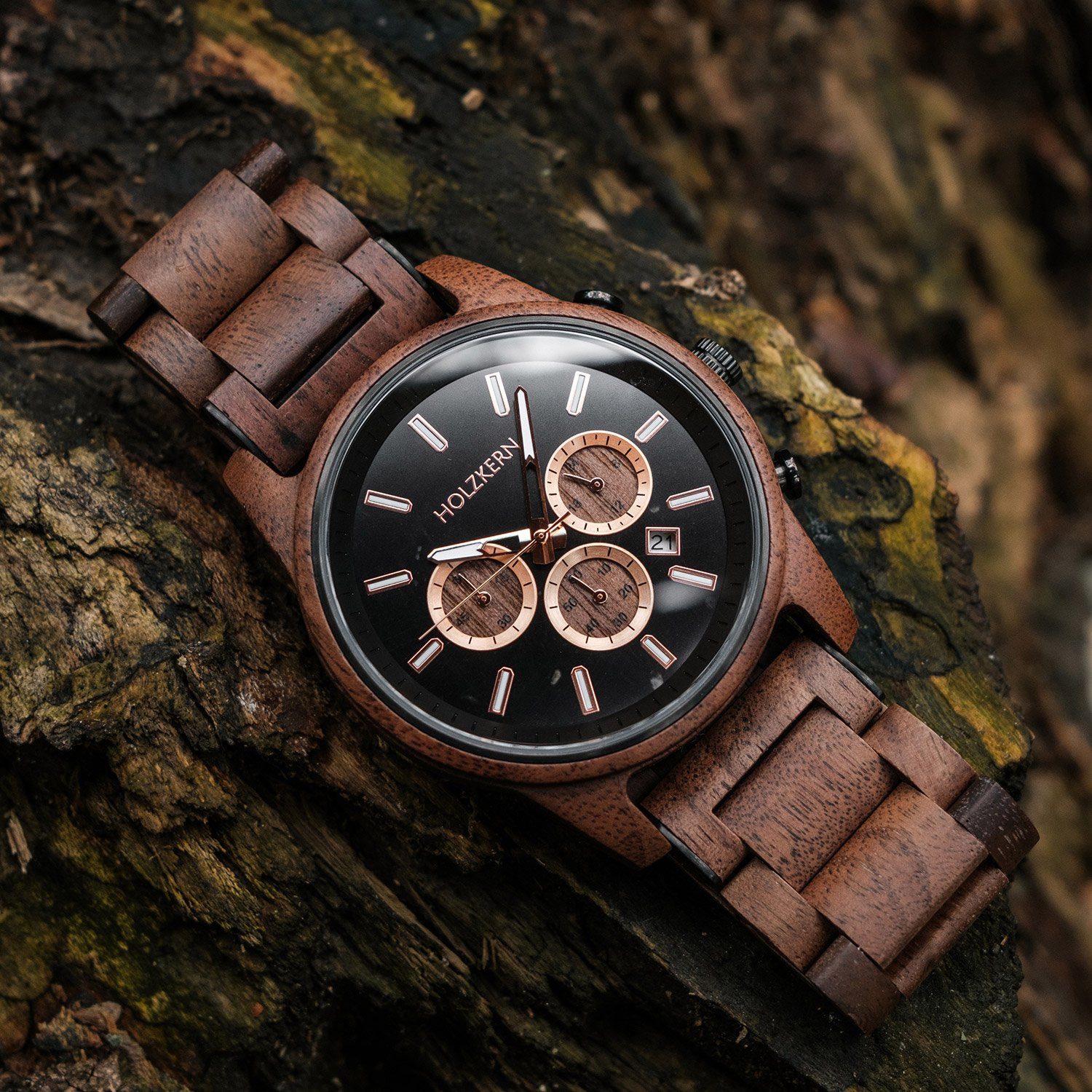 Holzkern Quarzuhr Quarz Chronograph Buschwerk Walnuss/Marmor günstig online kaufen