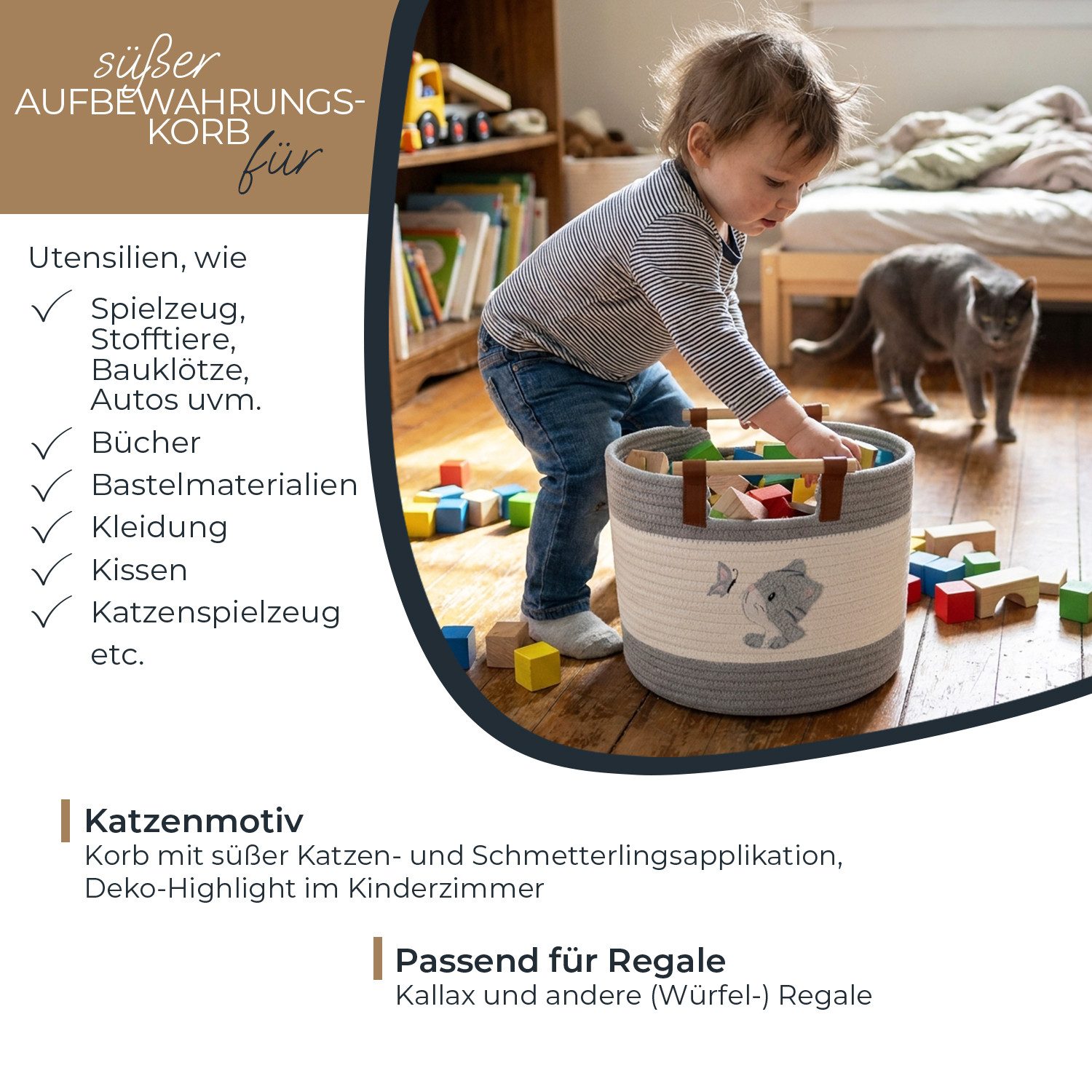 HMF Aufbewahrungskorb Aufbewahrungskorb mit Holzgriffen, runder Korb, Baumwolle für Kinderzimmer oder Babyzimmer, Katze, 30 x 30 x 24 cm