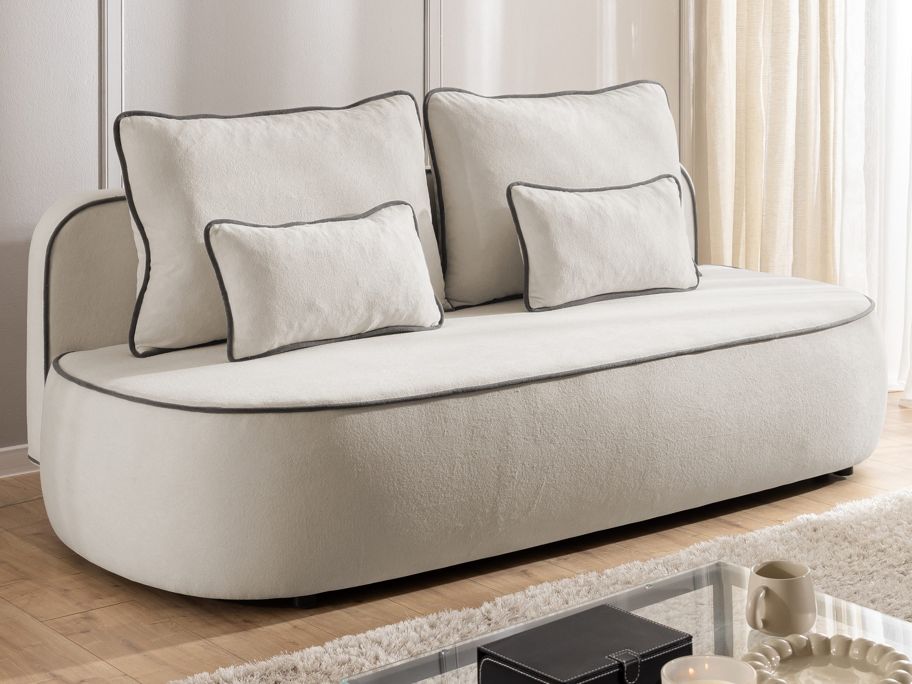 S-Style Möbel Kindersofa Vero mit Schlaffunktion, Bettkasten und Kontrastpaspel aus Plüschstoff, im modernen und abgerundeten Design