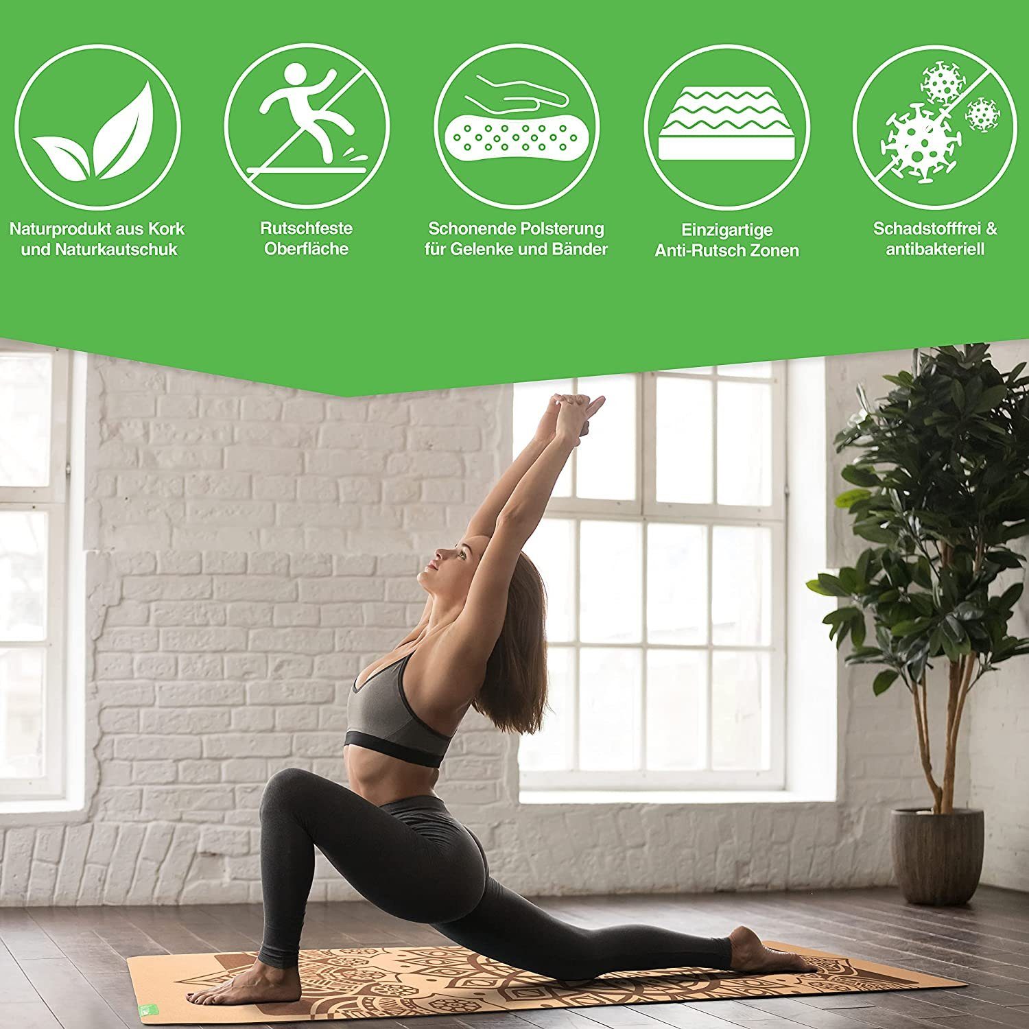 BACKLAxx® Yogamatte aus hochwertigem Kork, Gymnastikmatte 183 x 61 x 0,6 cm (Fitnessmatte aus Kork, inkl. Tragegurt & Videokurs), 4 mm stark, aus natürlichen Rohstoffen, mit Antirutschzonen