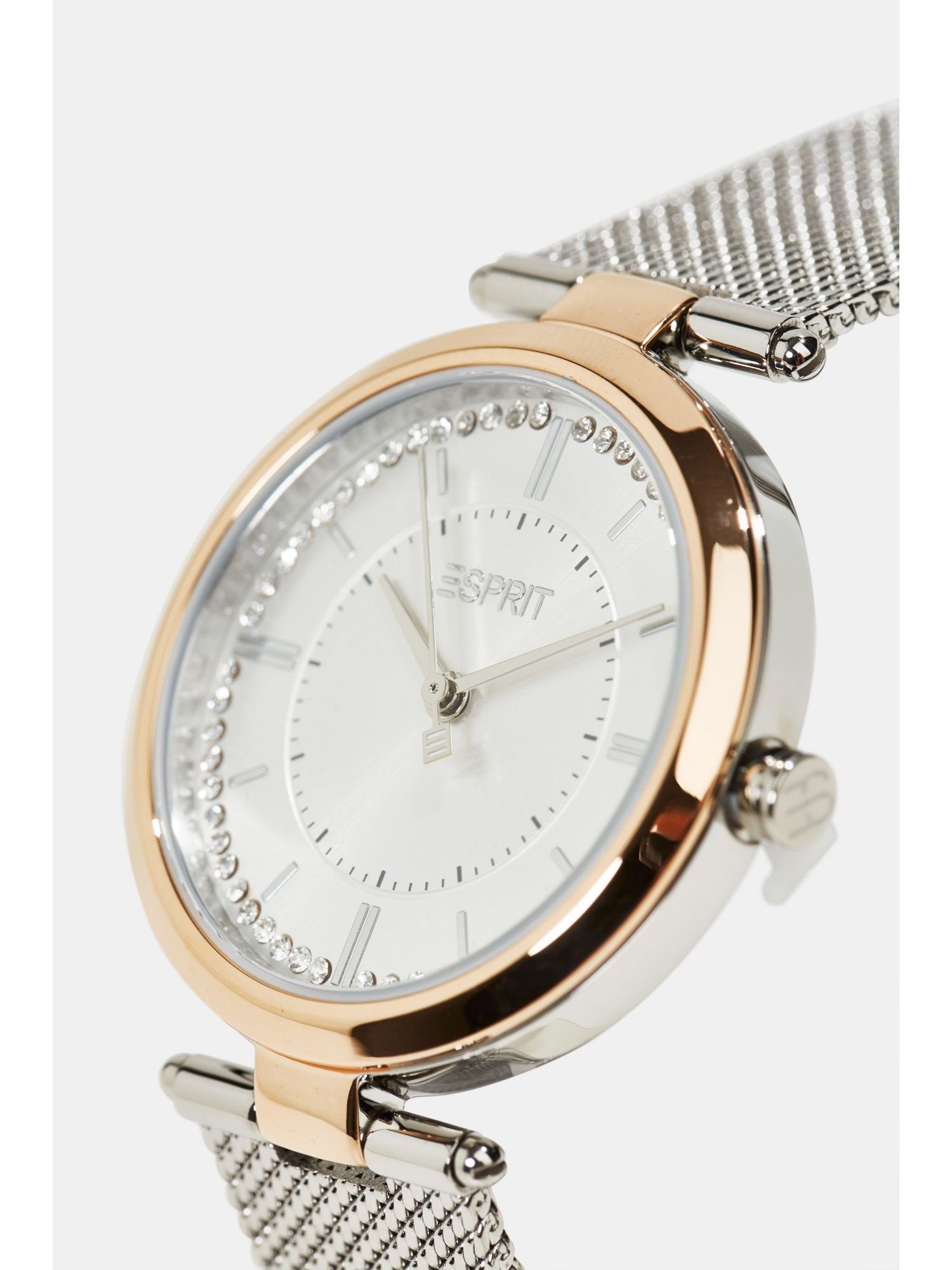 Damen Uhren Esprit Quarzuhr Edelstahl-Uhr mit Zirkonia und Mesh-Armband