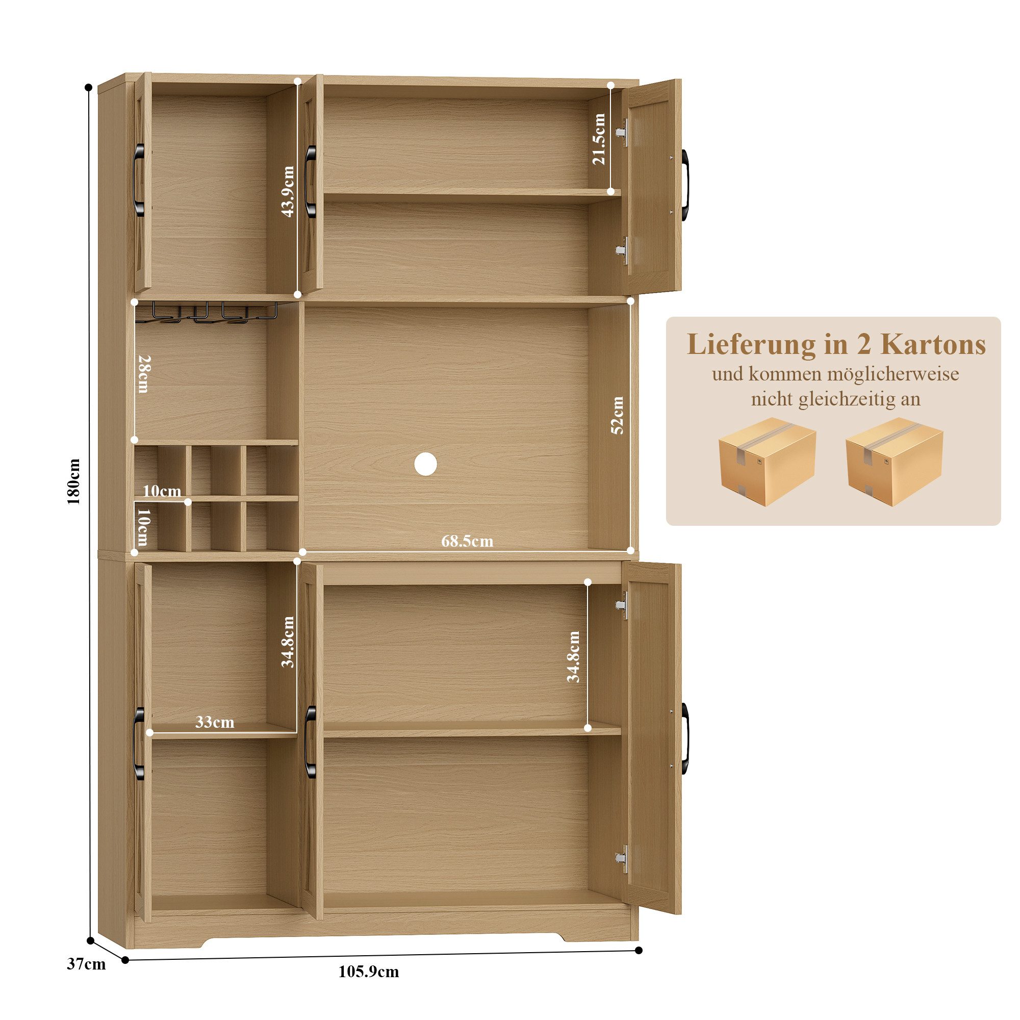 HOMECHO Küchenbuffet Küchenschrank mit Arbeitsplatte Buffetschrank mit 6 Türen Flaschenhalter und Glashalter 180x106x37cm