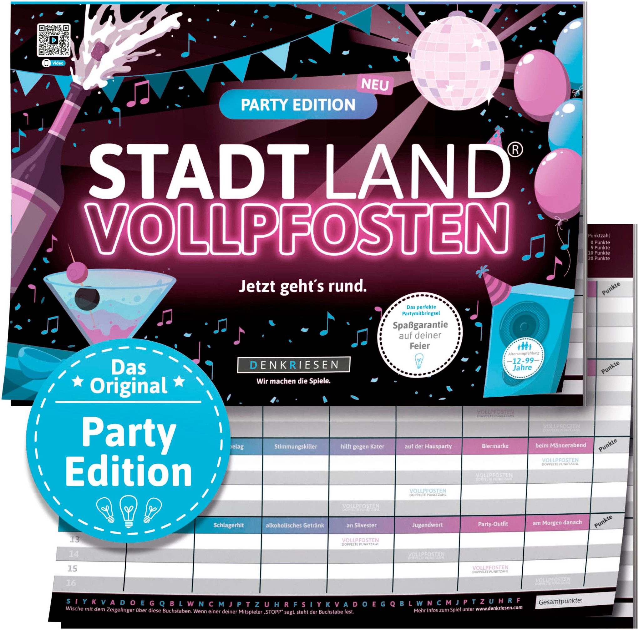 Denkriesen Spiel Stadt Land Vollpfosten® Party Edition, Familienspiel, Spielblock, Made in Germany