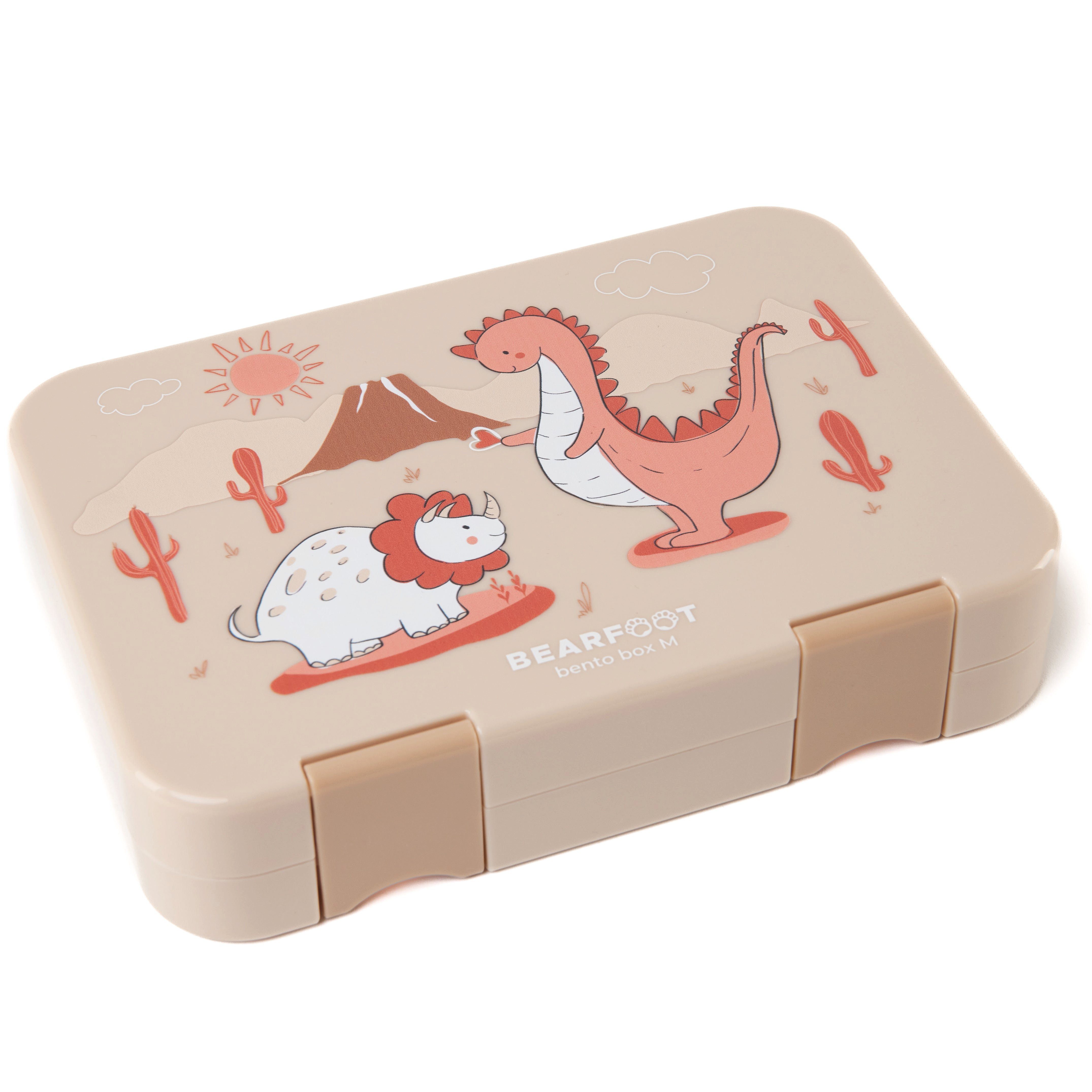 BEARFOOT Lunchbox Brotdose Kinder mit Fächern, Lunchbox, Bento box - Dinos, handgezeichnete Designs, modular Dinos-braun | Lunchboxen