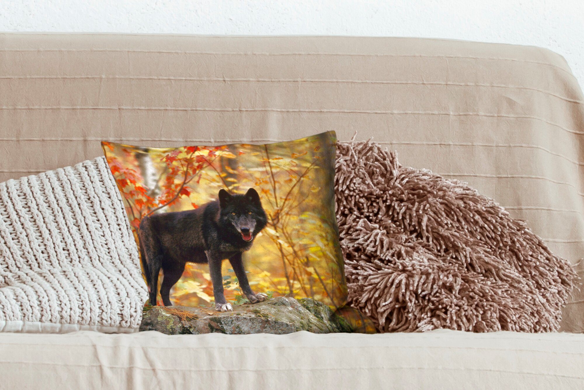 MuchoWow Dekokissen Wolf - Wohzimmer, mit Schlafzimmer, Baum, Füllung Sofakissen für Deko, Fels - Zierkissen