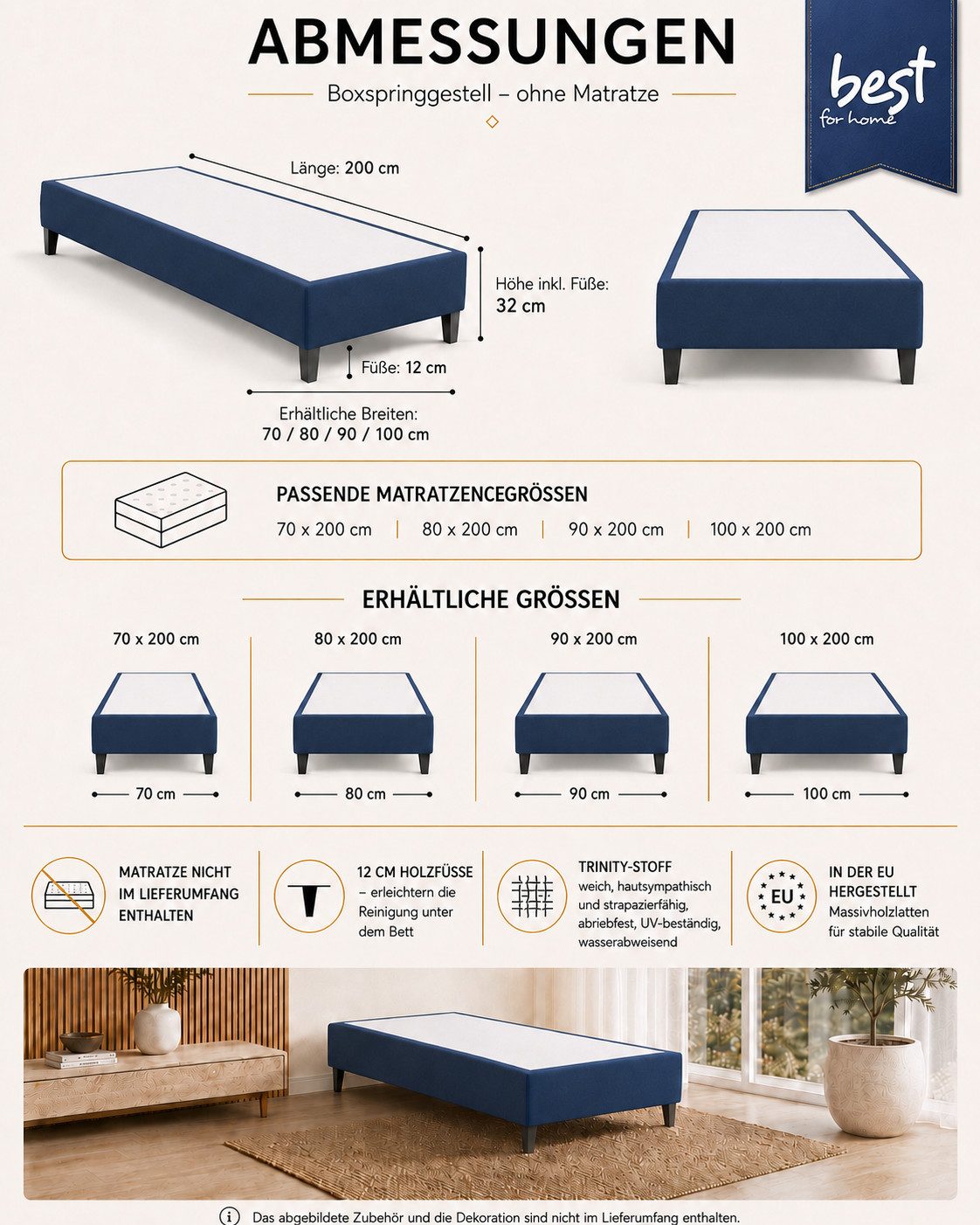 Best for Home Boxspringbett Rahmen – Massivholz, 12 cm Füße, Stabil & Zuverlässig (Seniorebett, Matratze, Jugendbett, Kinderbett, 70x200 80x200 90x200 100x200 c – Bild 5 von 5