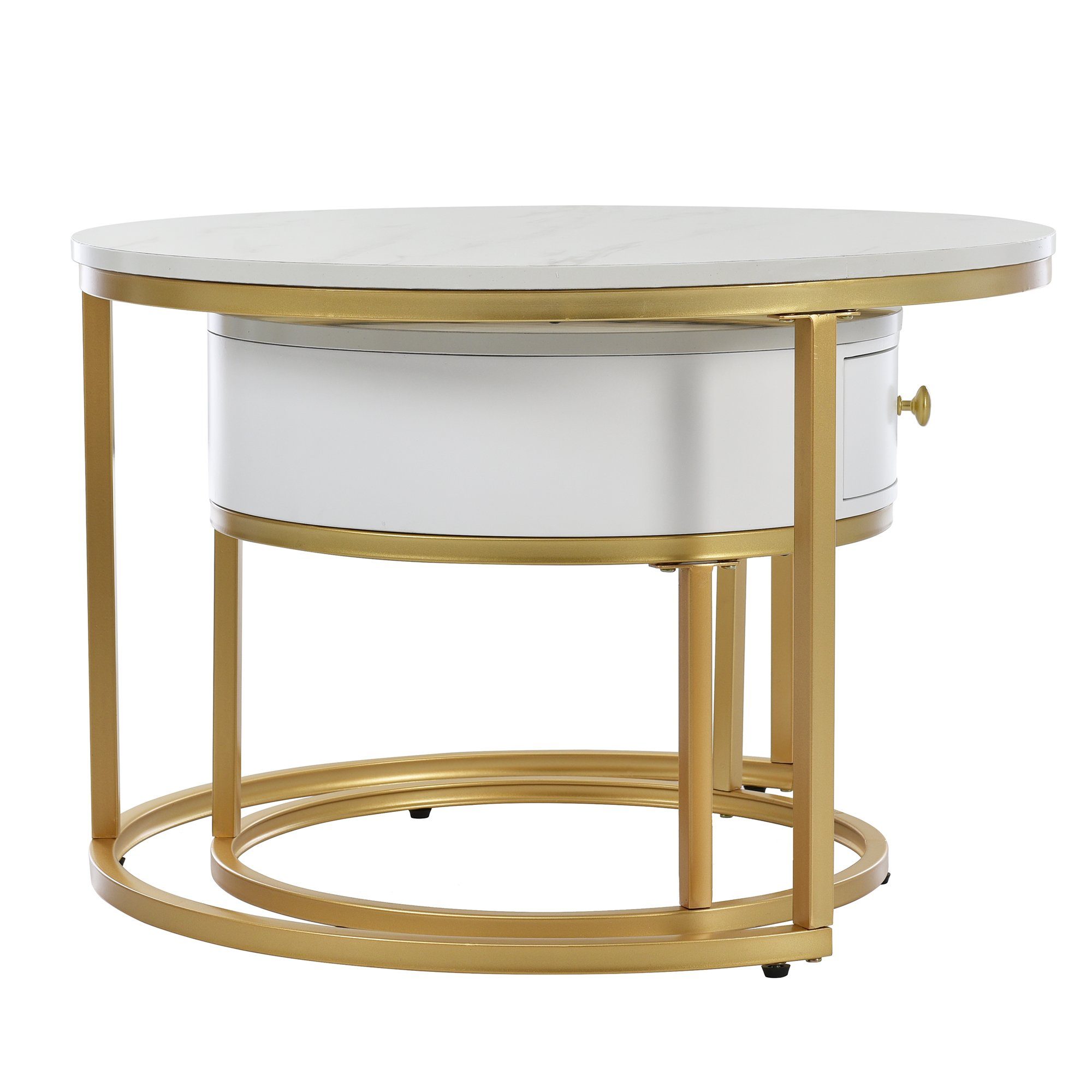 Couchtisch (2-St., Sofatische Satztische in hochglanz Marmoroptik), rund Beistelltisch ∅70x45cm ∅50x40cm, Gestell aus Metall