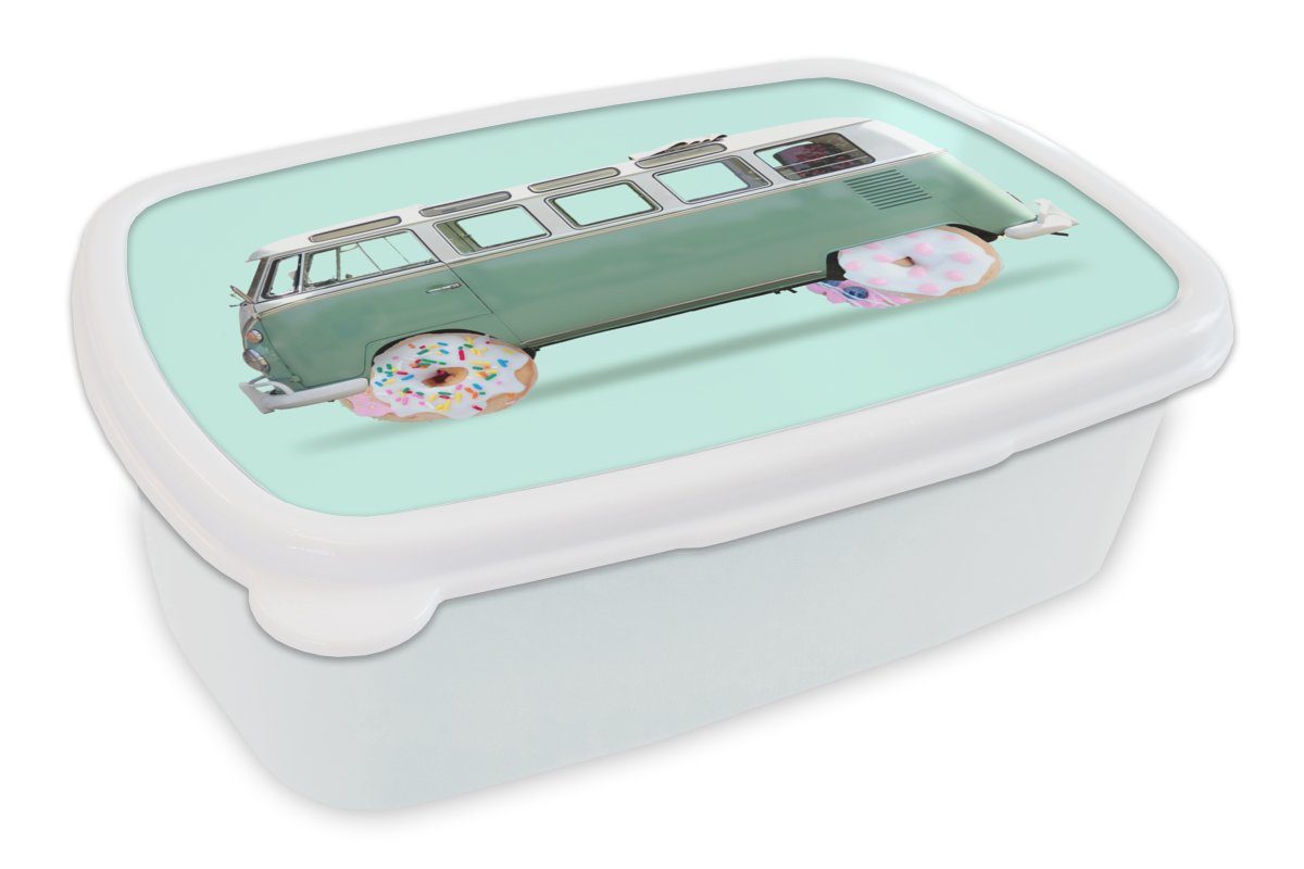 MuchoWow Lunchbox Donuts - Lieferwagen - Auto - Grün, Kunststoff, (2-tlg), Brotbox für Kinder und Erwachsene, Brotdose, für Jungs und Mädchen weiß