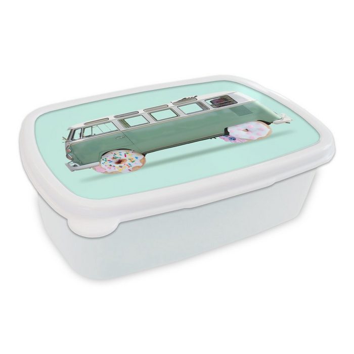 MuchoWow Lunchbox Donuts - Lieferwagen - Auto - Grün Kunststoff (2-tlg) Brotbox für Kinder und Erwachsene Brotdose für Jungs und Mädchen