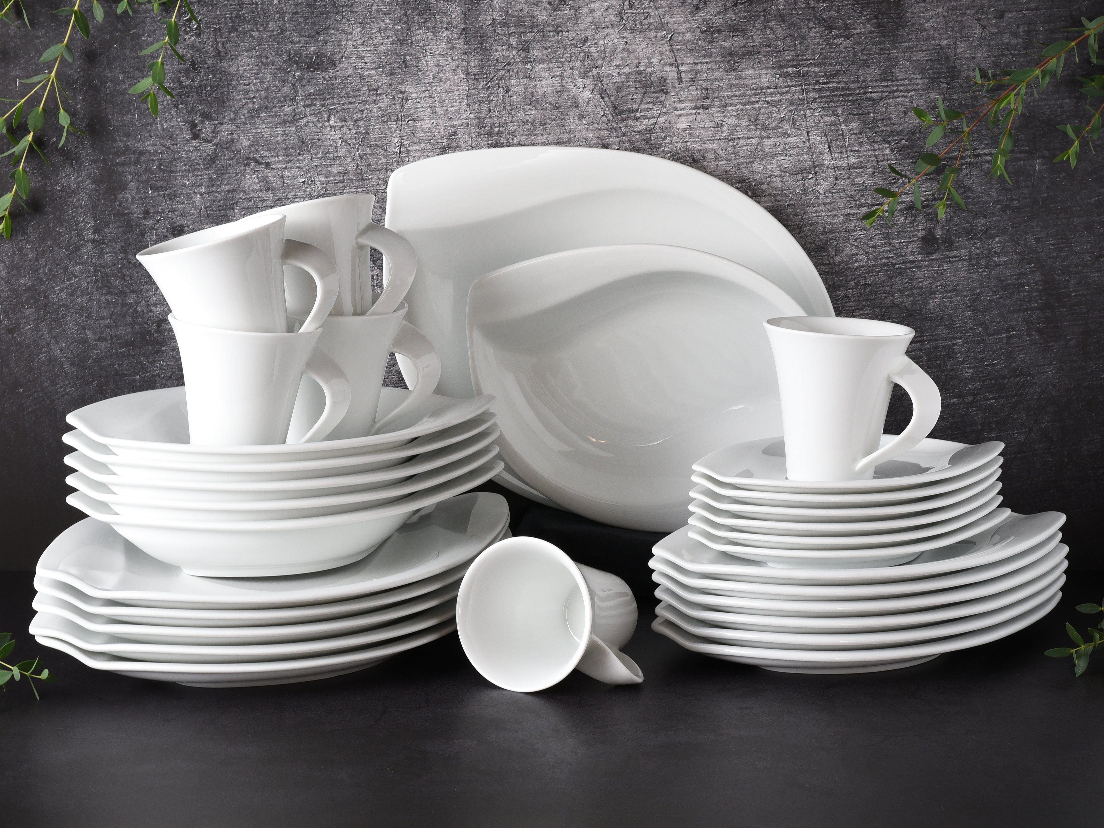 CreaTable Kombiservice Geschirr-Set ACACIA (30-tlg), 6 Personen, Porzellan, Service, weiß, extravagantes Form, 30 Teile, für 6 Personen