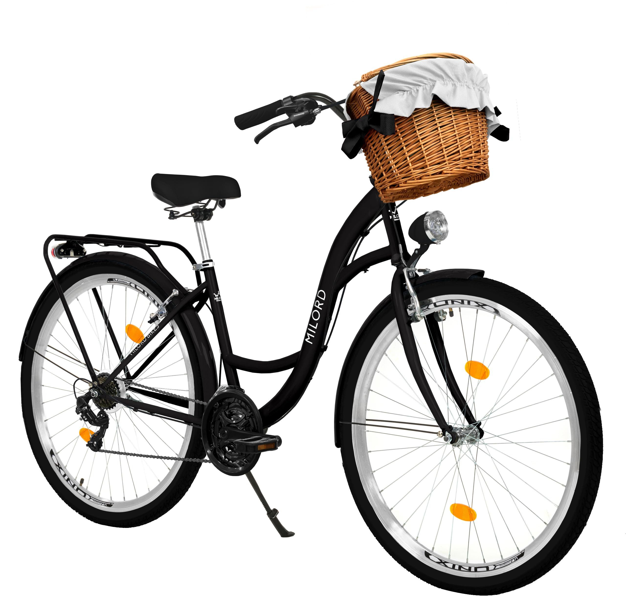 Milord Cityrad Damenfahrrad Citybike Mit Weidenkorb Fahrrad, 26/28 Zoll, 21-Gang, 21 Gang, (Fahrradständer, Gepäckträger, Klingel, Korb, Kotflügel)