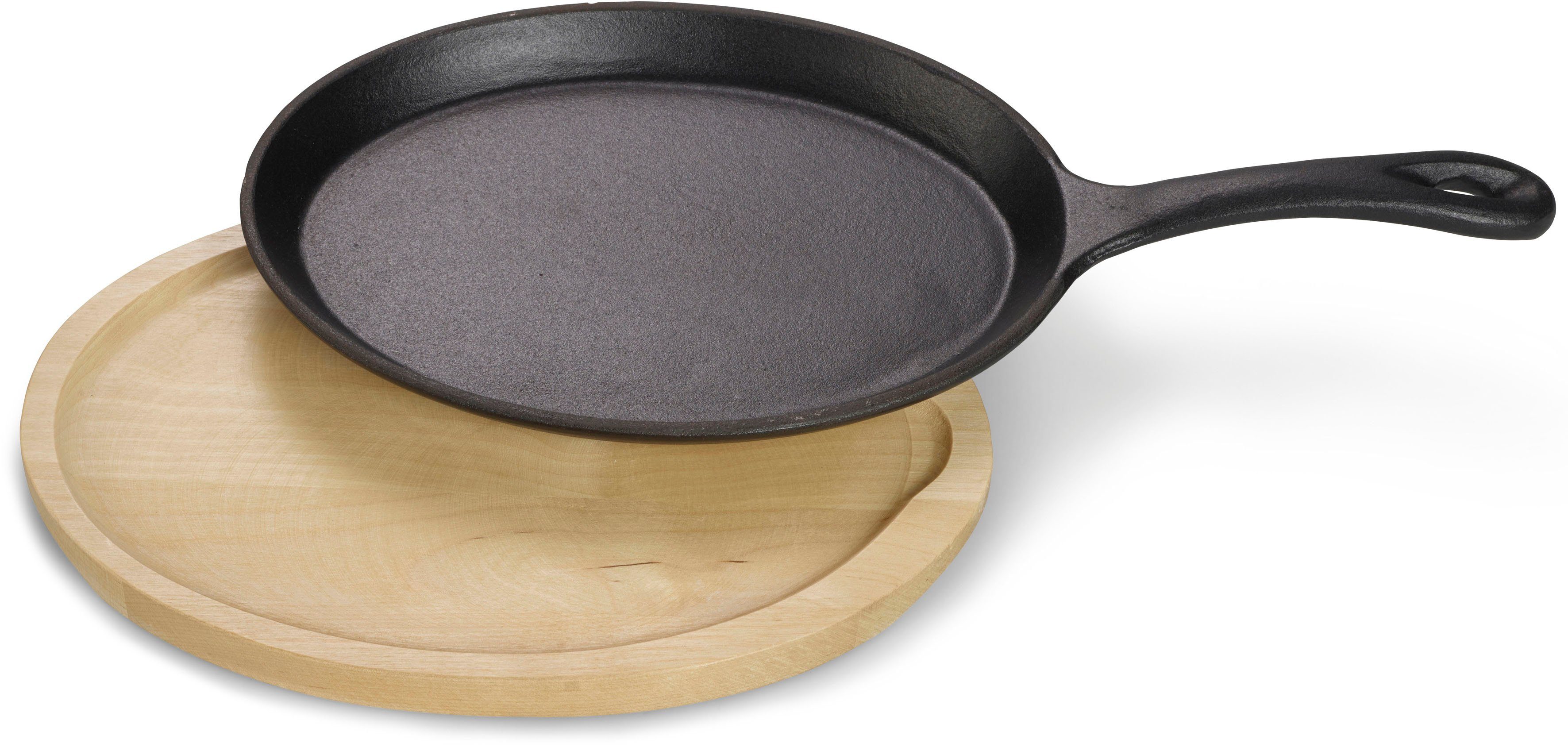 ECHTWERK Servierpfanne Mini Pfännchen, Kleine Grillpfanne, Gesamtlänge 37,4 cm, Gusseisen, mit Servierbrett, bereits eingebrannt, Backöfen, Grill, BBQ
