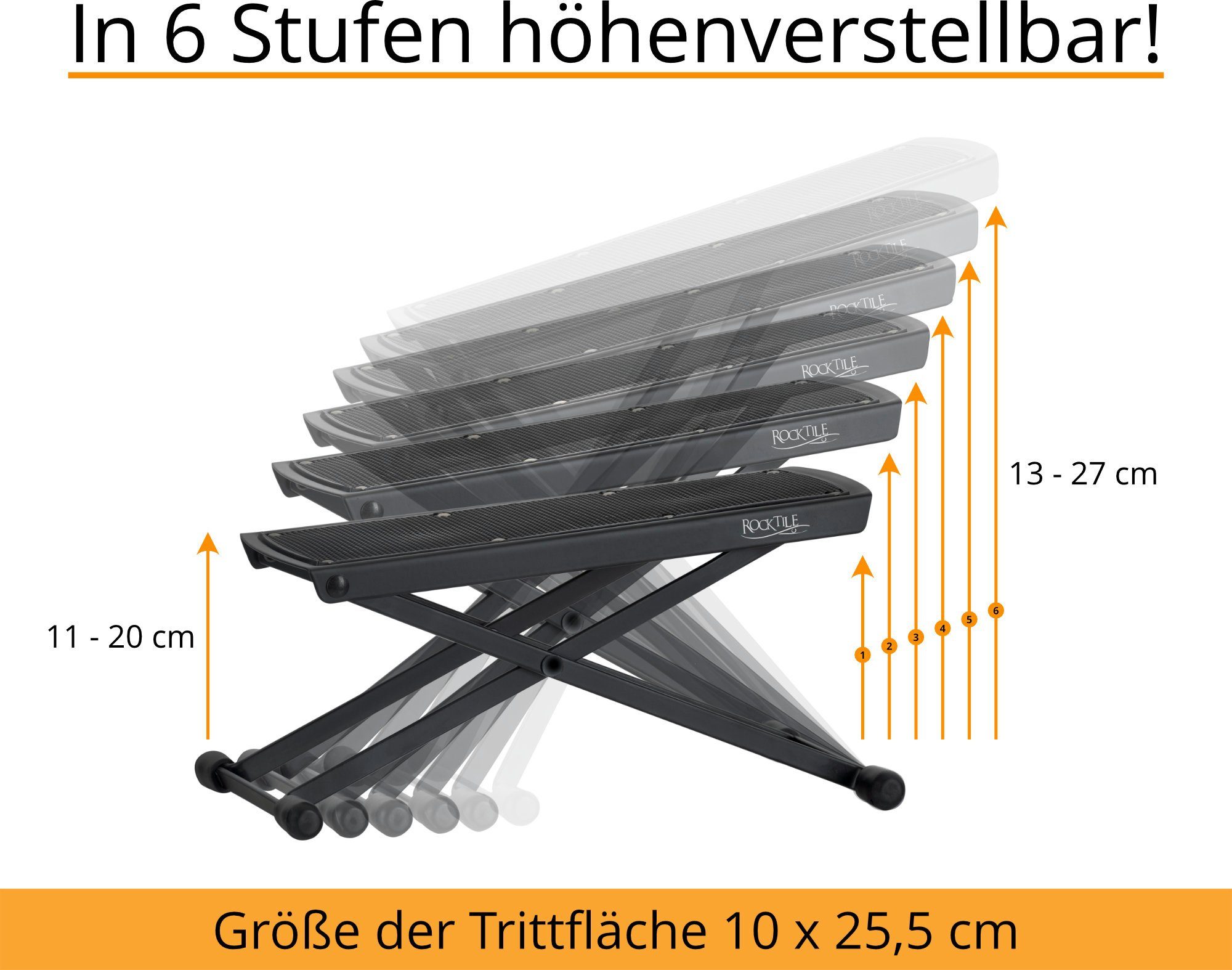 Rocktile Gitarrenständer Gitarren-Fußbank für Kinder und Erwachsene, (universal Fußhocker, platzsparend zusammenklappbar), Fußstuhl in 6-Stufen höhenverstellbar