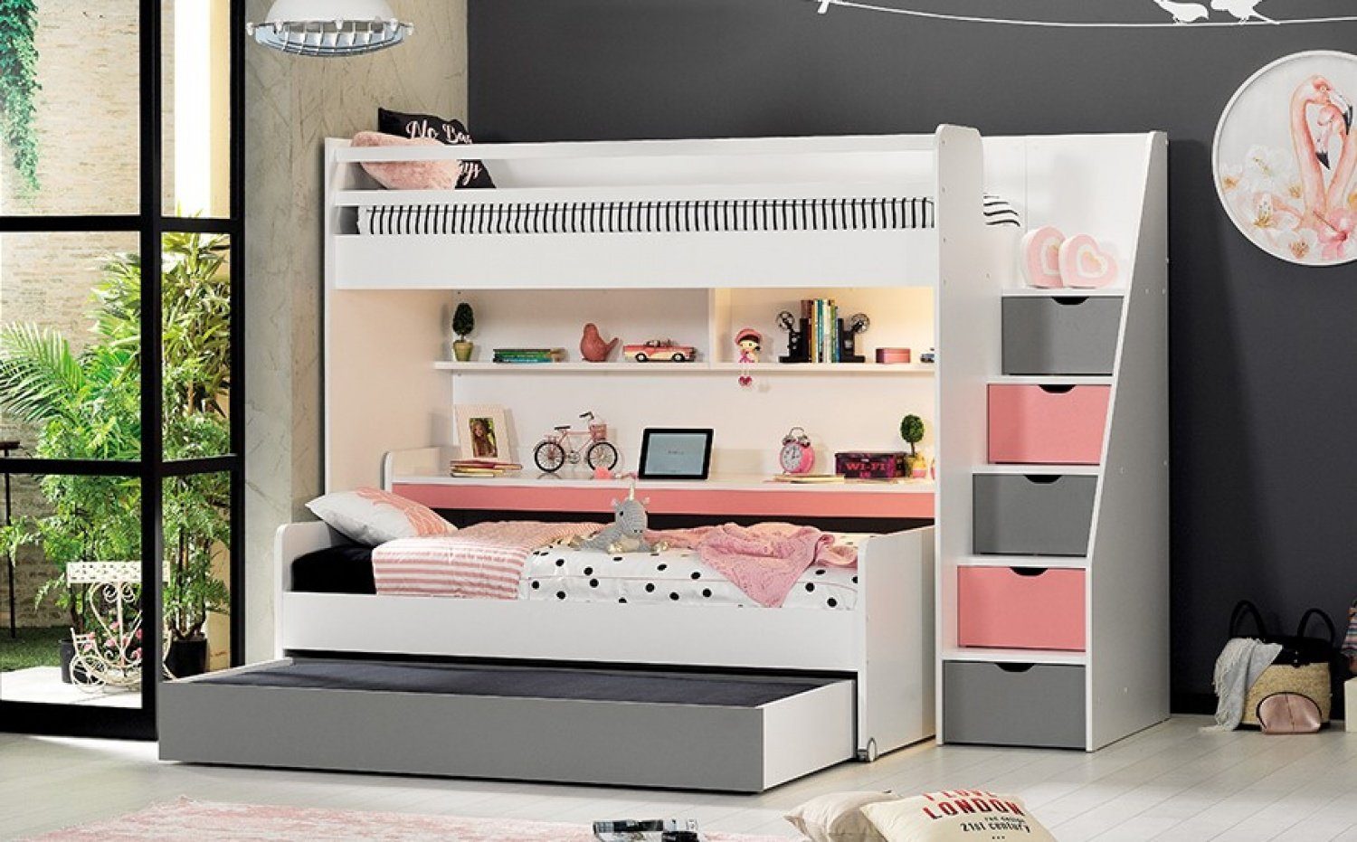 Grau zwei Hochbett, (5-St), Kleiderschrank, Schreibtisch Kommode komplett Schlafplätzen, mit Kinderzimmer und Trebela Jugendzimmer-Set Neo