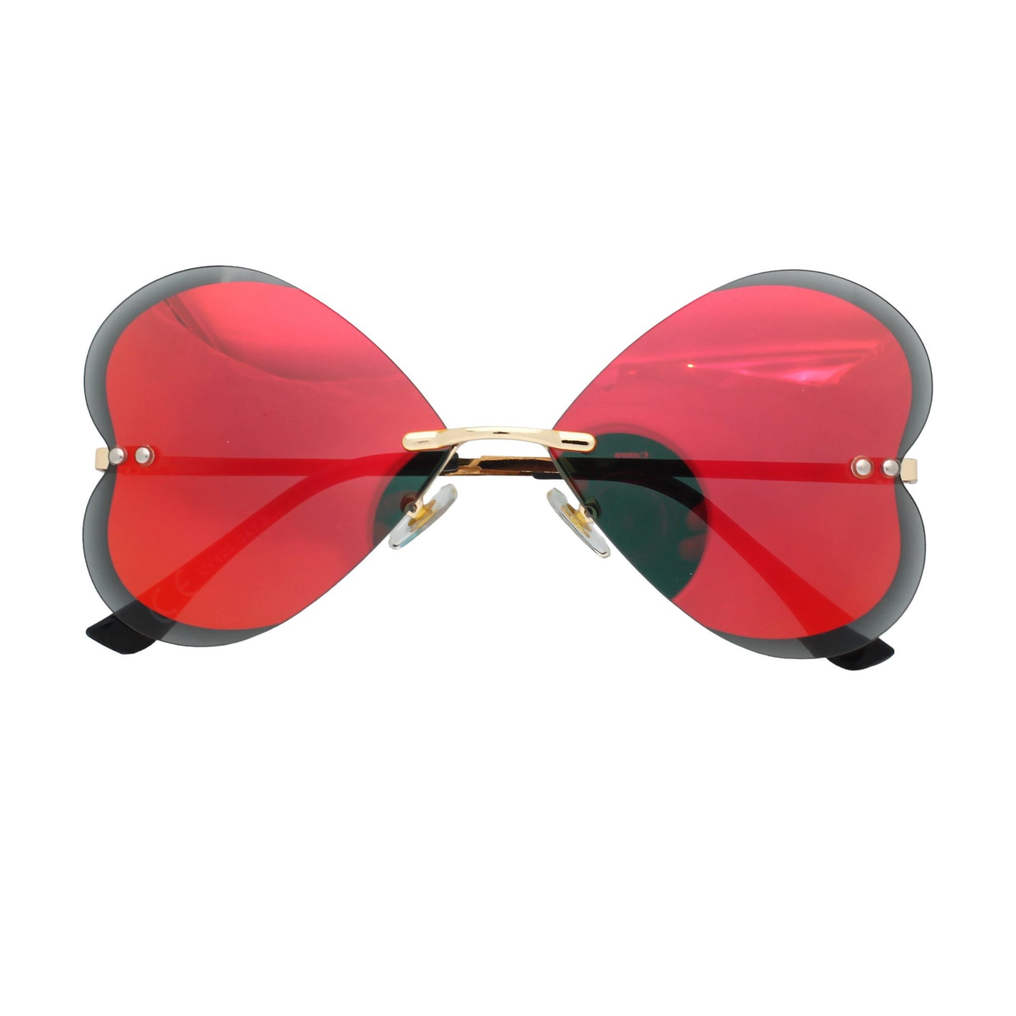 LUXXADA Sonnenbrille (Festivalbrille Herz Sonnenbrille Damen große Herzform Gläser Rahmenlos, Herzbrille Rahmenlos aus Metall mit Brillenbeutel) Herz Brille Hochwertige Facettenschliff Gläser leicht Verspiegelt Rot